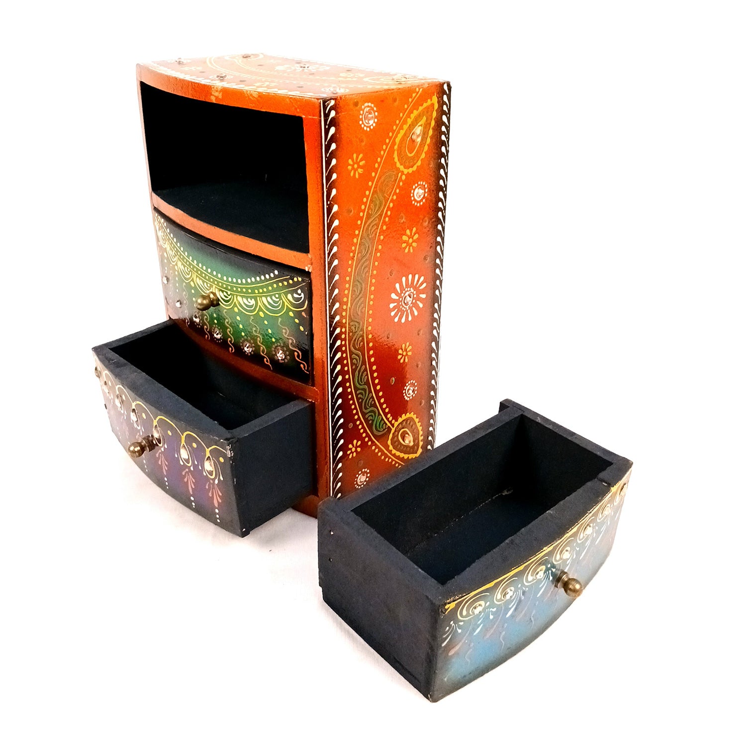 Jewellery Box With 3 Drawers | Wooden Jewelry Box - Beautiful Hand Painting With Kundan Beads Work - For Home, Table, Organizing Earring, Rings, Necklace & Gifts - apkamart #Style_design 1