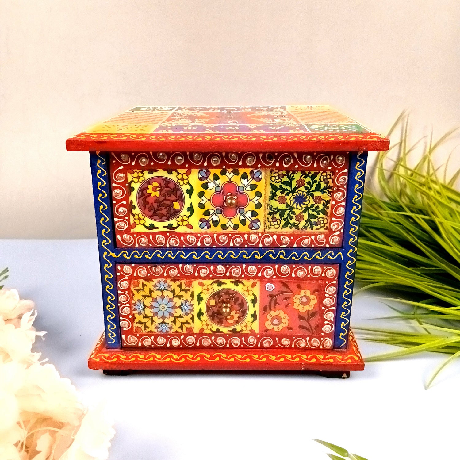 Jewellery Box | Wooden Jewelry Box With 2 Drawers - Ceramic Tiles & Extensive Kundan Detailing Work - For Home, Table, Organizing Earring, Rings, Necklace & Gifts - 9 Inch - Apkamart