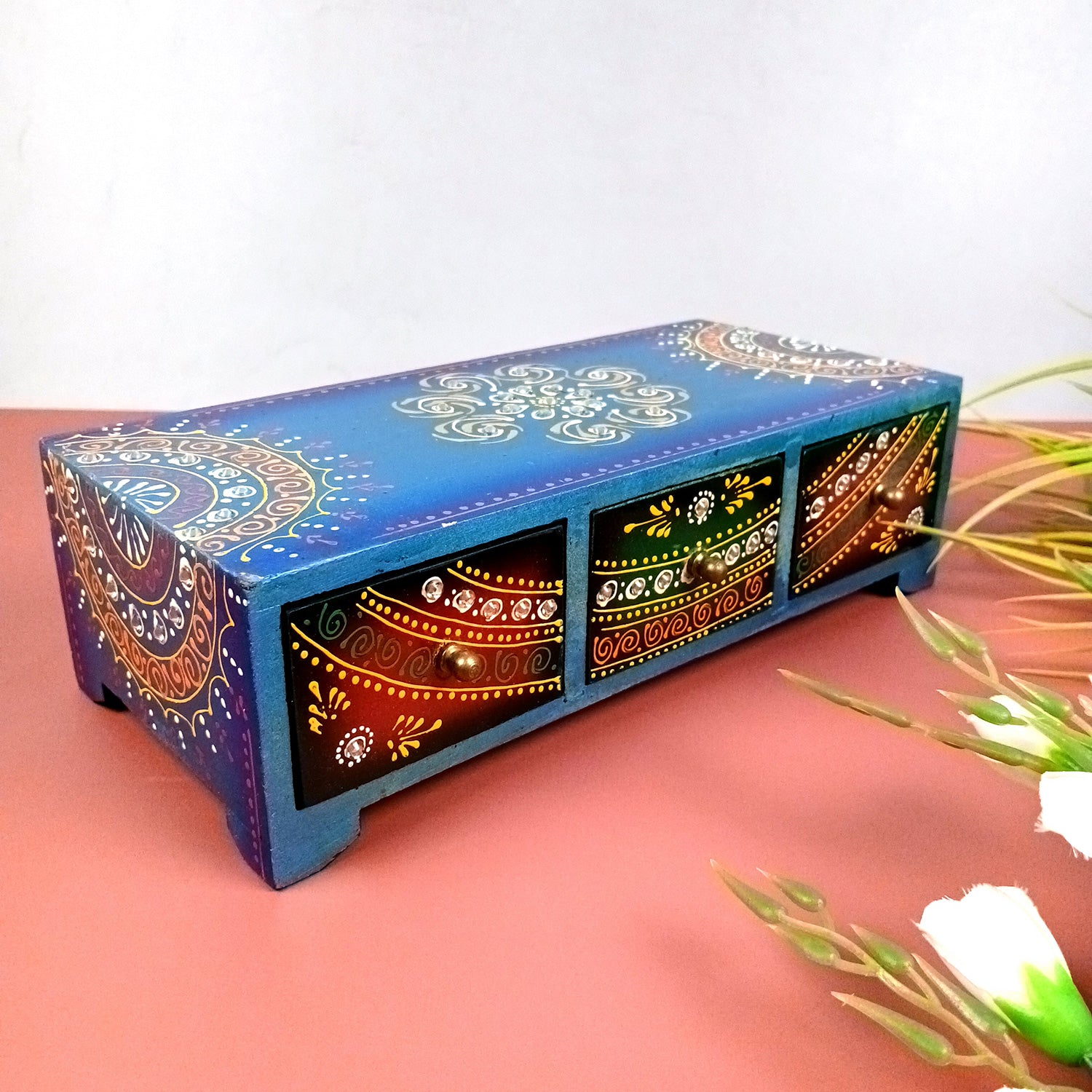 Jewellery Box | Wooden Jewelry Box With 3 Drawers - Beautiful Hand Painting With Kundan Beads Work - For Home, Table, Organizing Earring, Rings, Necklace & Gifts - apkamart