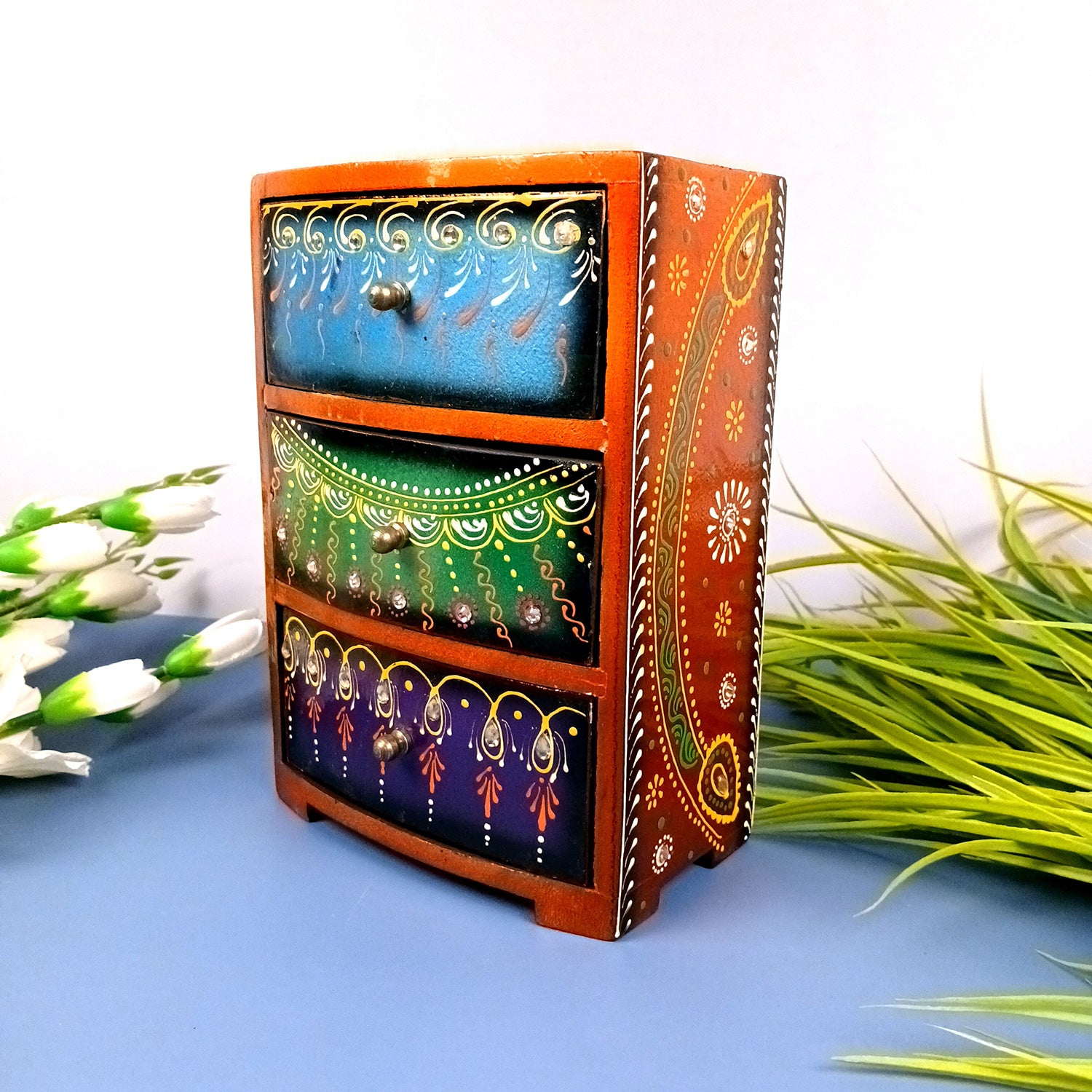 Jewellery Box With 3 Drawers | Wooden Jewelry Box - Beautiful Hand Painting With Kundan Beads Work - For Home, Table, Organizing Earring, Rings, Necklace & Gifts - apkamart #Style_design 1