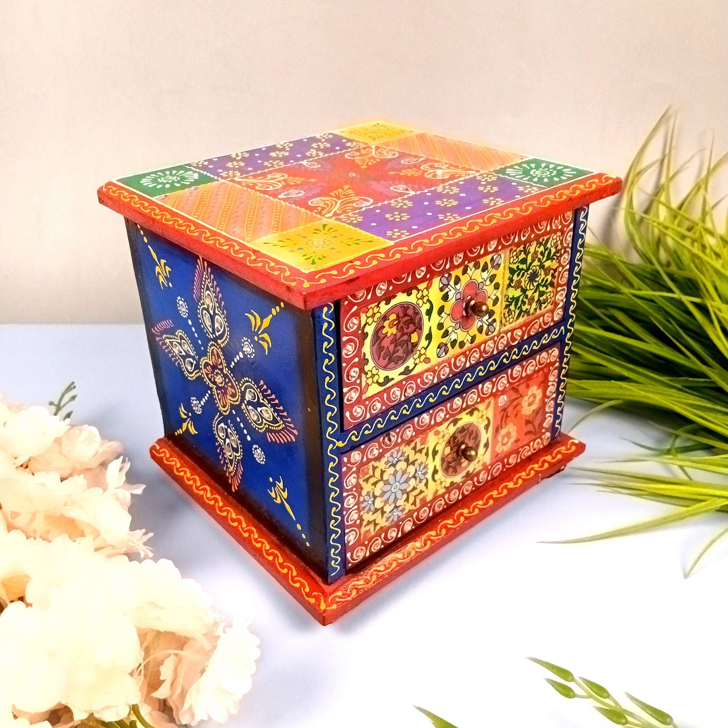 Jewellery Box | Wooden Jewelry Box With 2 Drawers - Ceramic Tiles & Extensive Kundan Detailing Work - For Home, Table, Organizing Earring, Rings, Necklace & Gifts - 9 Inch - Apkamart