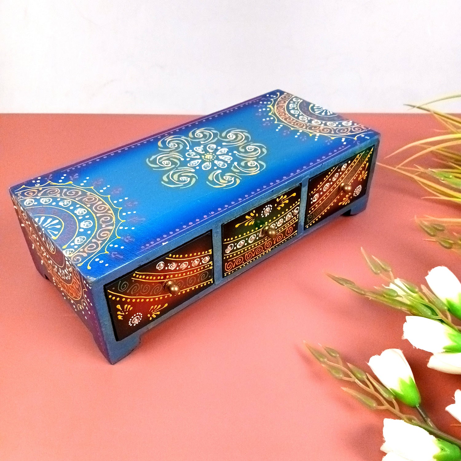 Jewellery Box | Wooden Jewelry Box With 3 Drawers - Beautiful Hand Painting With Kundan Beads Work - For Home, Table, Organizing Earring, Rings, Necklace & Gifts - apkamart