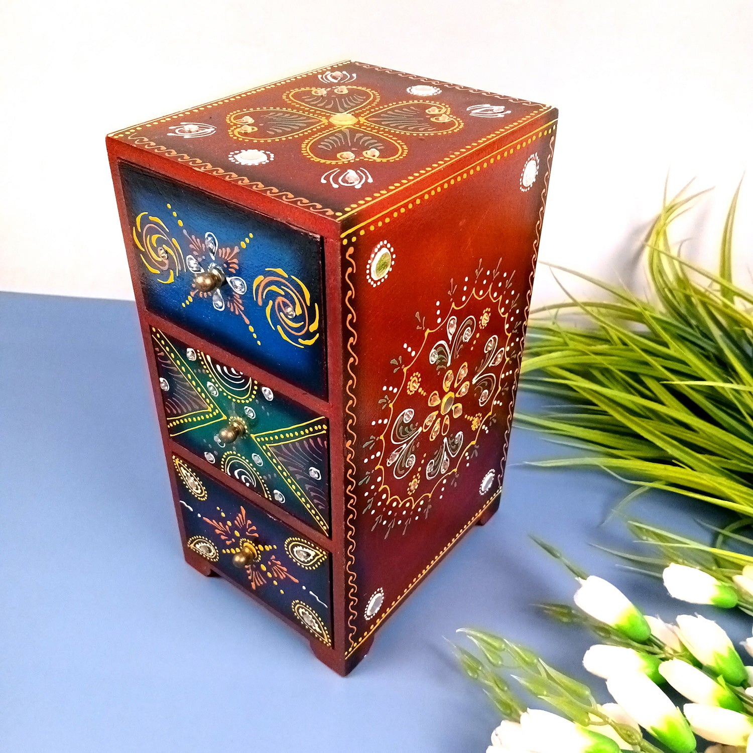 Jewellery Box With 3 Drawers | Wooden Jewelry Box - Beautiful Hand Painting With Kundan Beads Work - For Home, Table, Organizing Earring, Rings, Necklace & Gifts - apkamart #Style_design 2