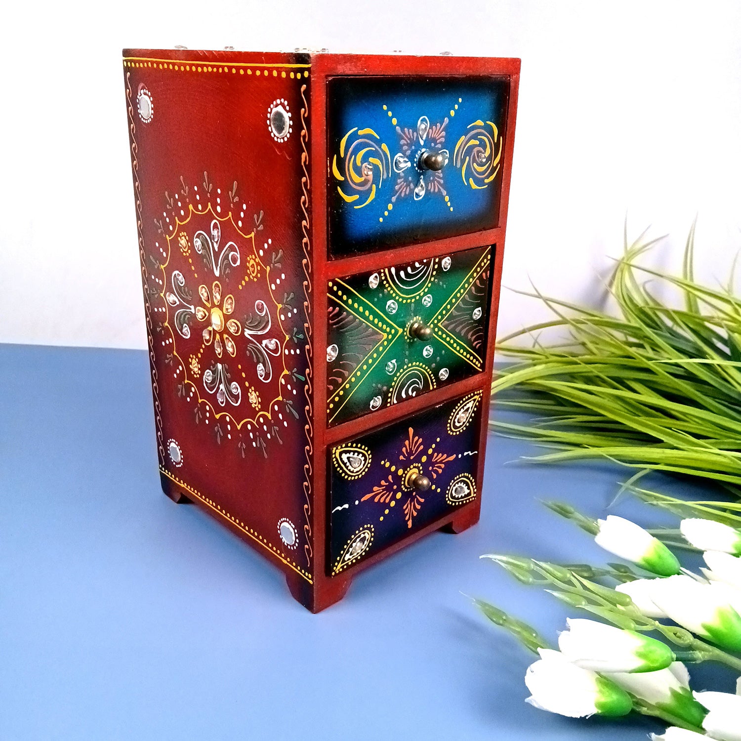 Jewellery Box With 3 Drawers | Wooden Jewelry Box - Beautiful Hand Painting With Kundan Beads Work - For Home, Table, Organizing Earring, Rings, Necklace & Gifts - apkamart #Style_design 2