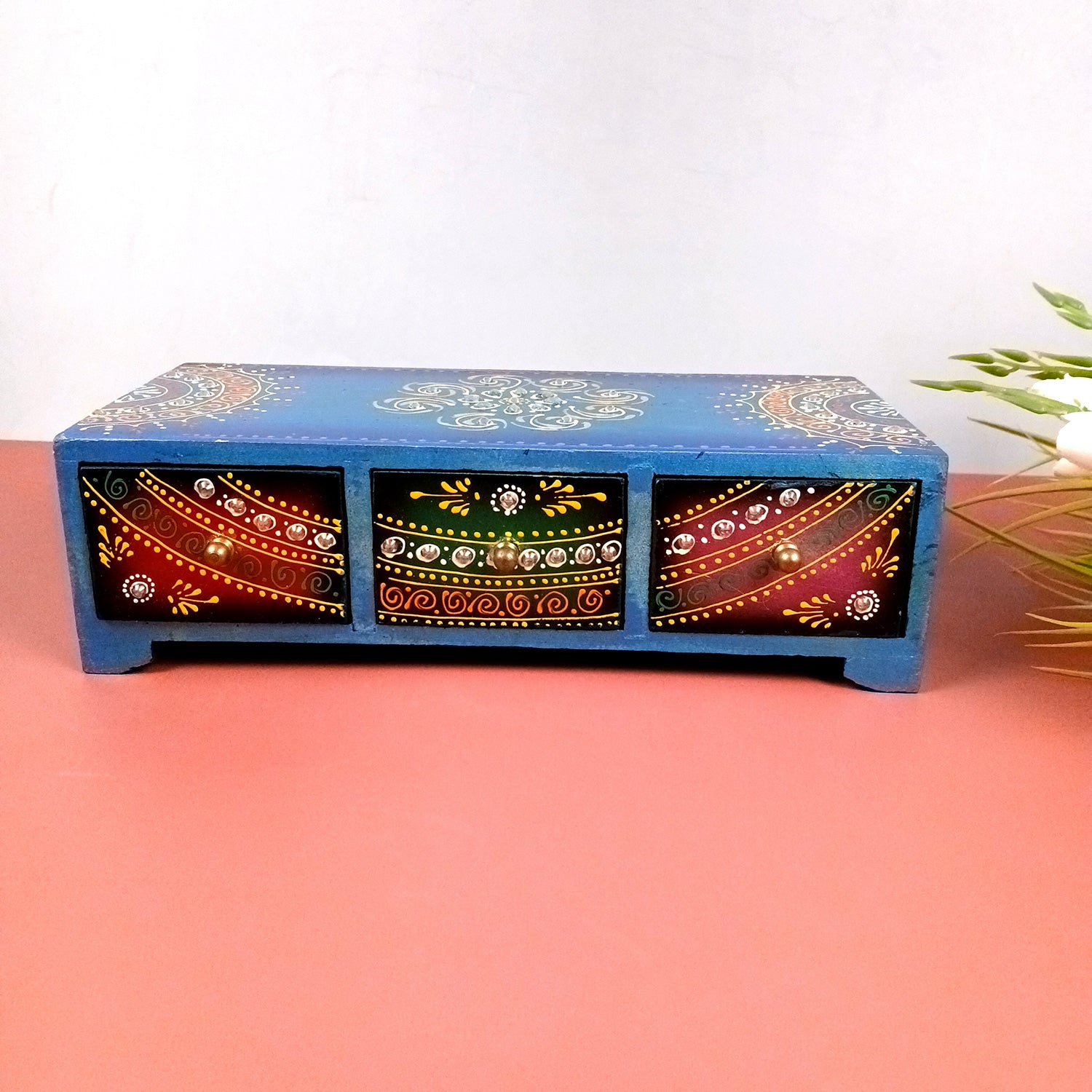 Jewellery Box | Wooden Jewelry Box With 3 Drawers - Beautiful Hand Painting With Kundan Beads Work - For Home, Table, Organizing Earring, Rings, Necklace & Gifts - apkamart