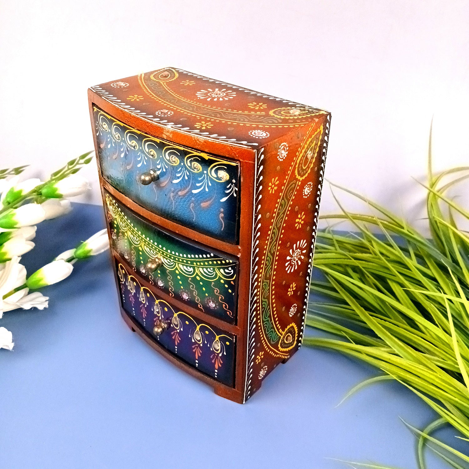 Jewellery Box With 3 Drawers | Wooden Jewelry Box - Beautiful Hand Painting With Kundan Beads Work - For Home, Table, Organizing Earring, Rings, Necklace & Gifts - apkamart #Style_design 1