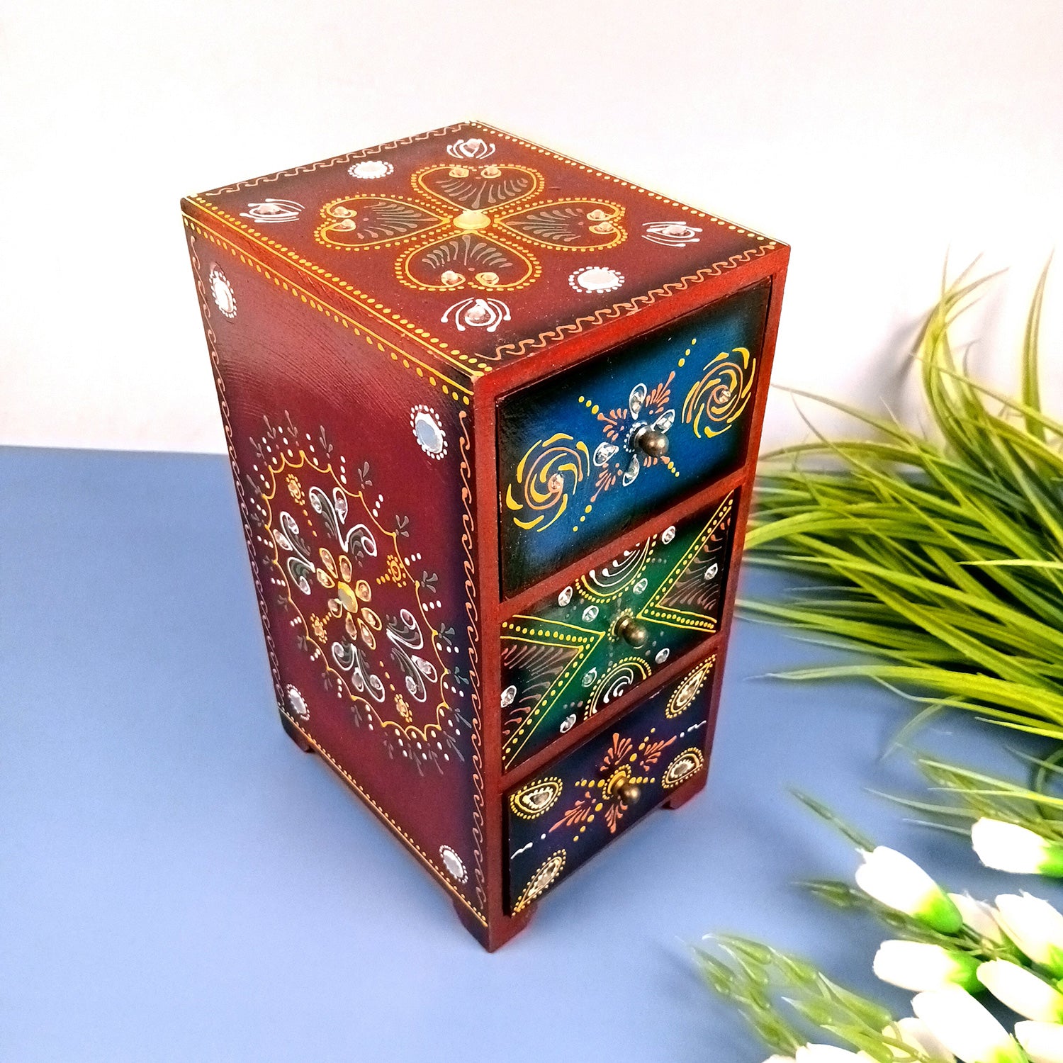 Jewellery Box With 3 Drawers | Wooden Jewelry Box - Beautiful Hand Painting With Kundan Beads Work - For Home, Table, Organizing Earring, Rings, Necklace & Gifts - apkamart #Style_design 2