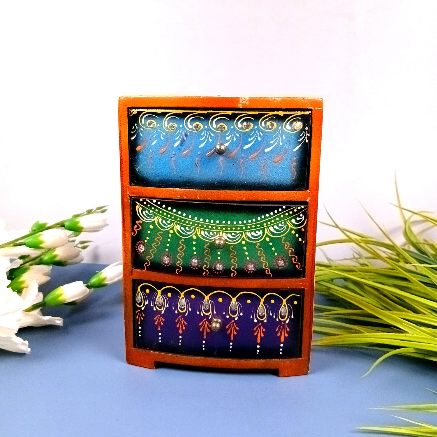 Jewellery Box With 3 Drawers | Wooden Jewelry Box - Beautiful Hand Painting With Kundan Beads Work - For Home, Table, Organizing Earring, Rings, Necklace & Gifts - apkamart #Style_design 1