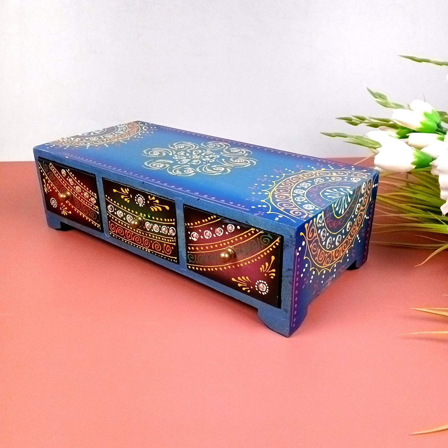 Jewellery Box | Wooden Jewelry Box With 3 Drawers - Beautiful Hand Painting With Kundan Beads Work - For Home, Table, Organizing Earring, Rings, Necklace & Gifts - apkamart