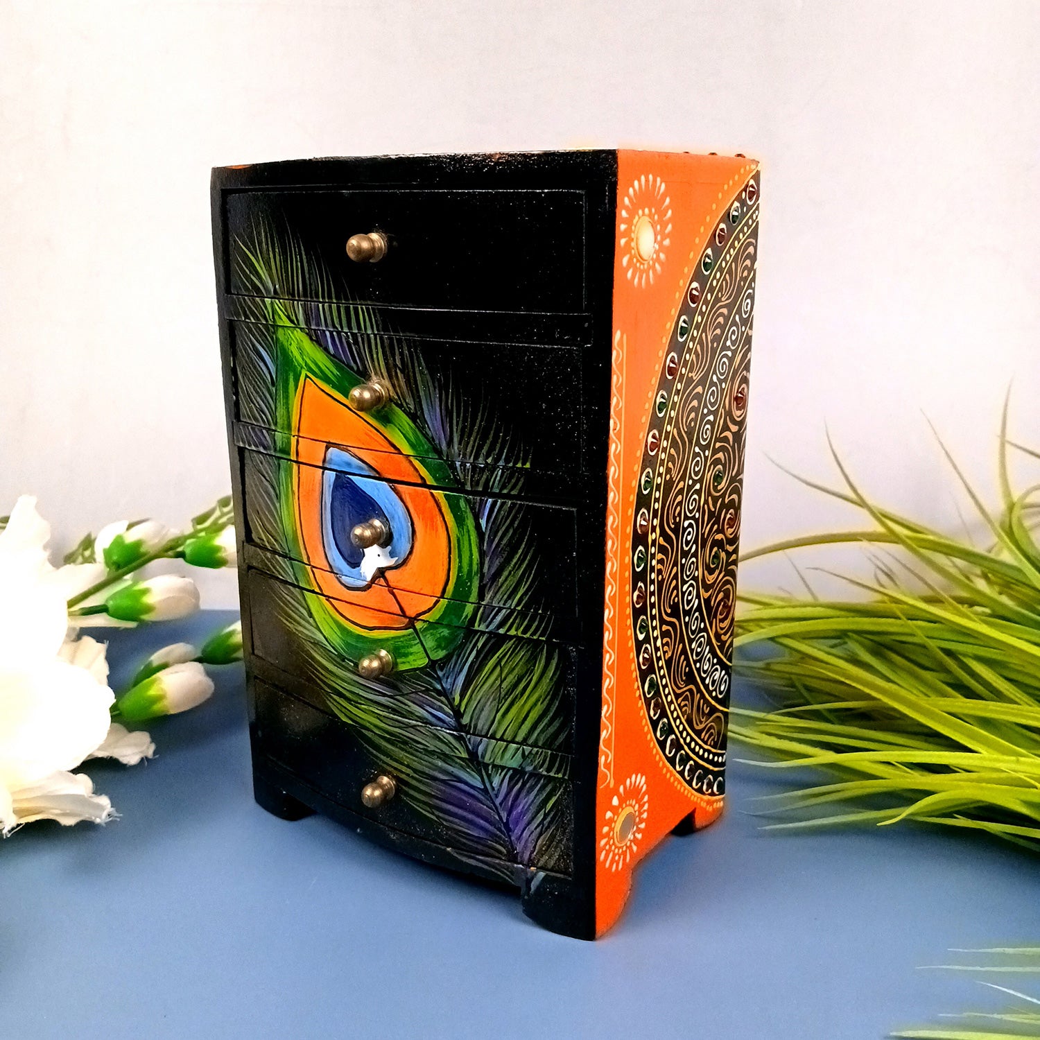 Jewellery Box | Wooden Jewelry Box With 5 Drawers - Hand Painted With Beautiful Detailing Work - For Home, Table, Organizing Earring, Rings, Necklace & Gifts - 9 Inch - apkamart