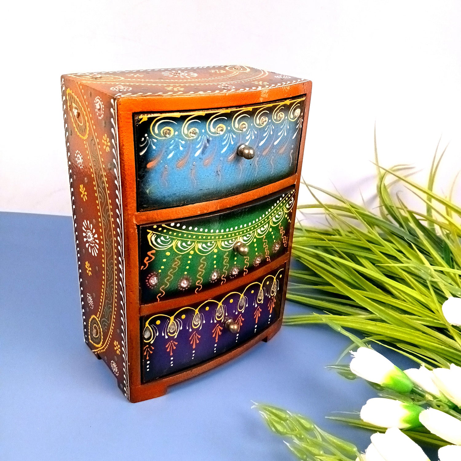 Jewellery Box With 3 Drawers | Wooden Jewelry Box - Beautiful Hand Painting With Kundan Beads Work - For Home, Table, Organizing Earring, Rings, Necklace & Gifts - apkamart #Style_design 1