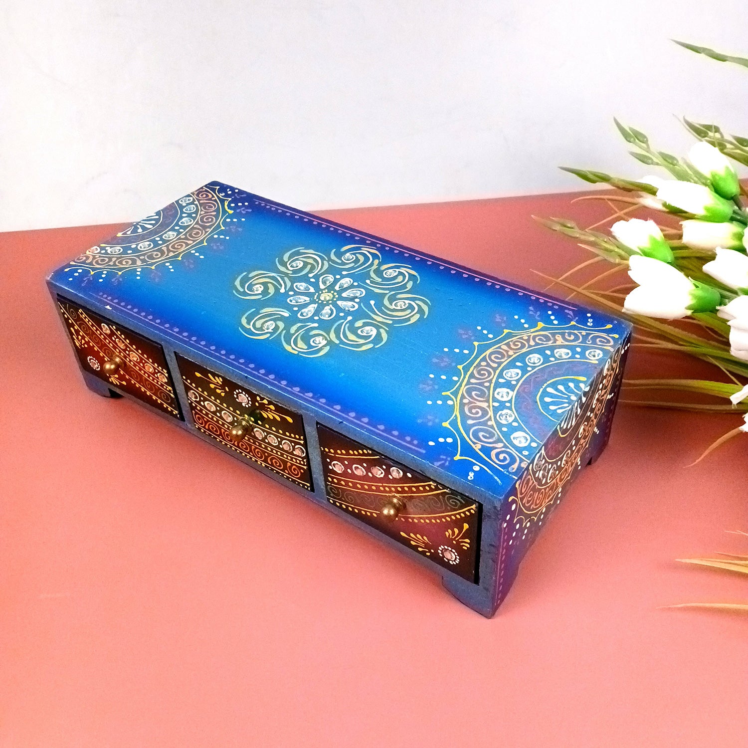 Jewellery Box | Wooden Jewelry Box With 3 Drawers - Beautiful Hand Painting With Kundan Beads Work - For Home, Table, Organizing Earring, Rings, Necklace & Gifts - apkamart