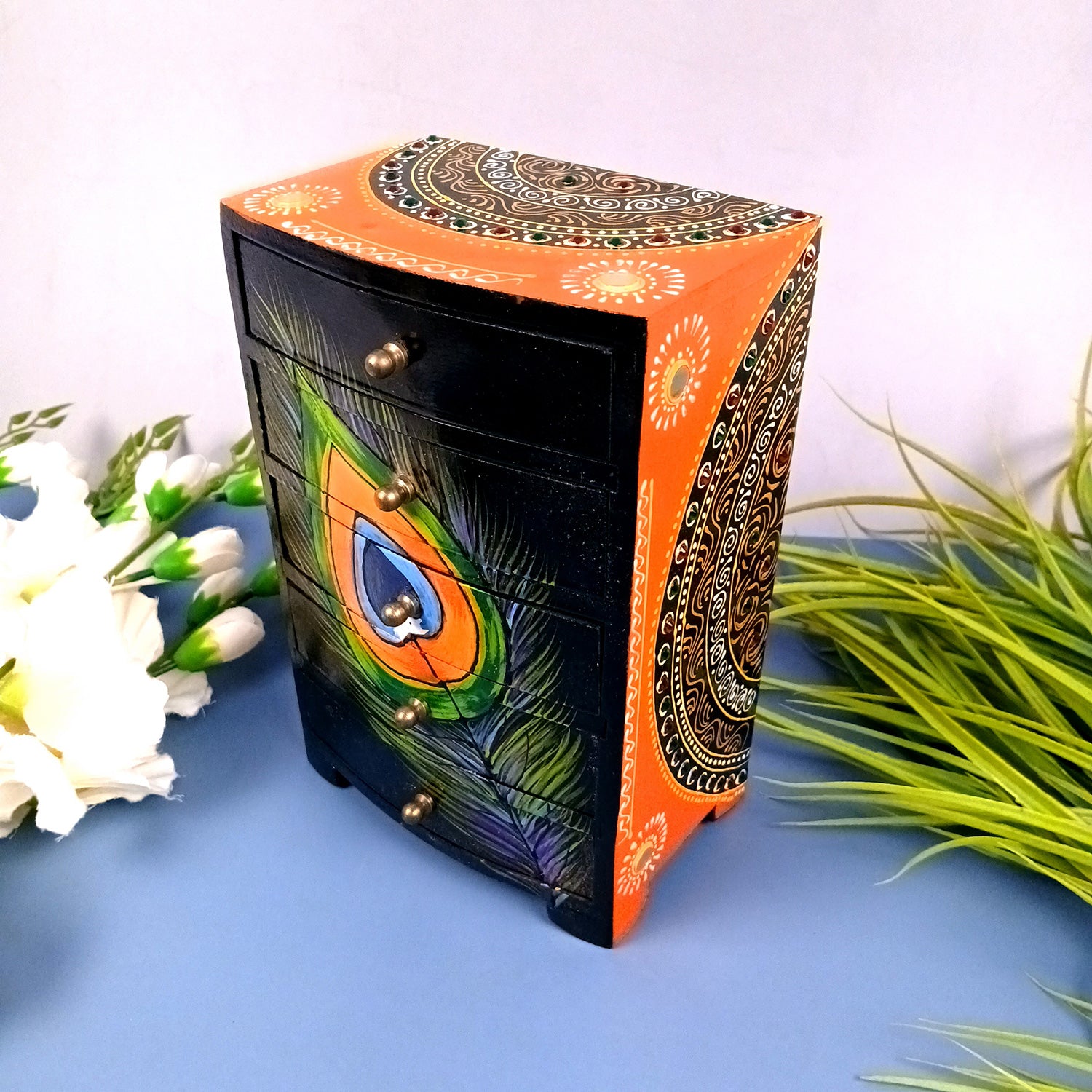 Jewellery Box | Wooden Jewelry Box With 5 Drawers - Hand Painted With Beautiful Detailing Work - For Home, Table, Organizing Earring, Rings, Necklace & Gifts - 9 Inch - apkamart