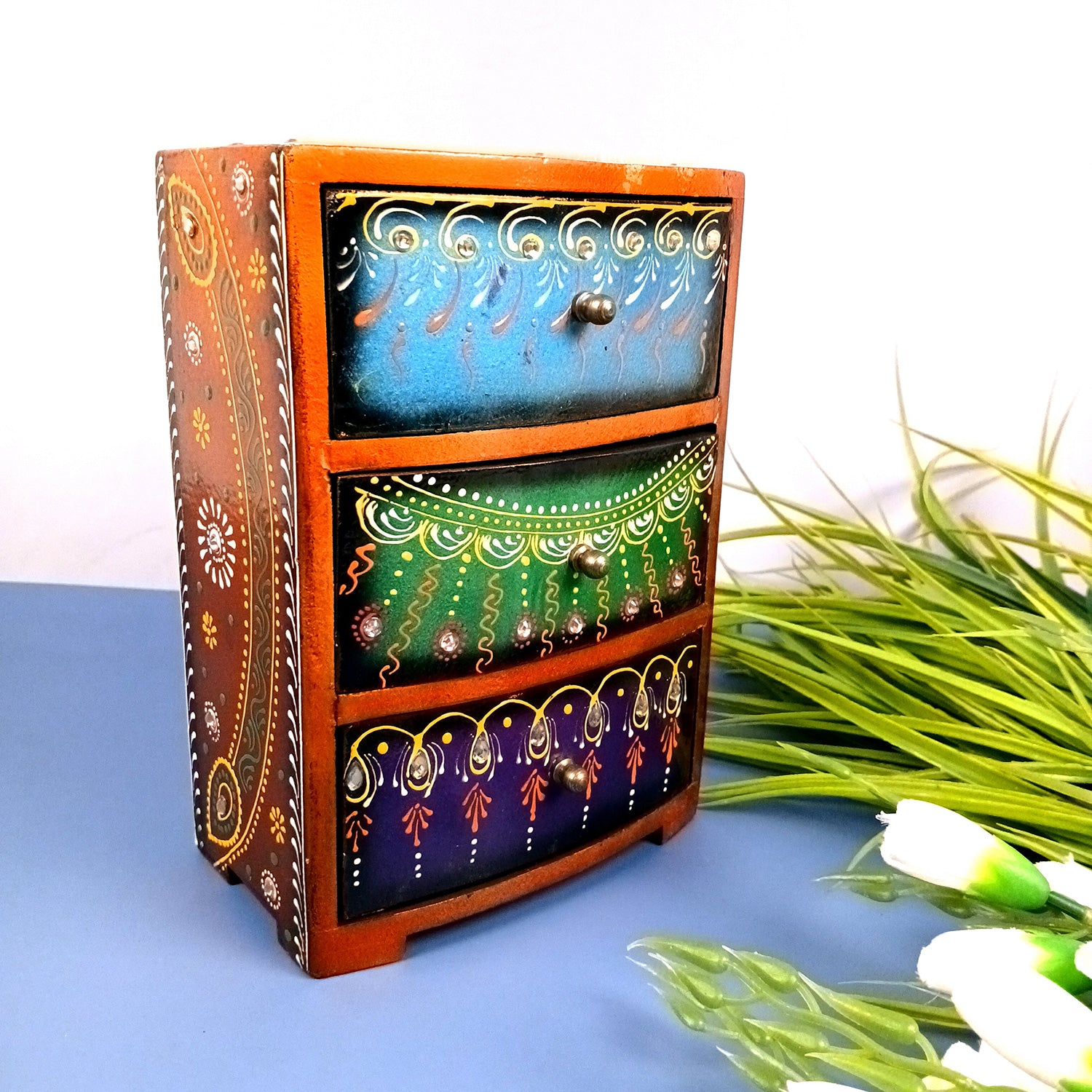 Jewellery Box With 3 Drawers | Wooden Jewelry Box - Beautiful Hand Painting With Kundan Beads Work - For Home, Table, Organizing Earring, Rings, Necklace & Gifts - apkamart #Style_design 1