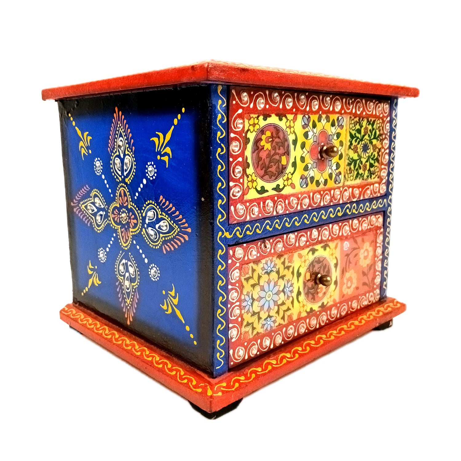 Jewellery Box | Wooden Jewelry Box With 2 Drawers - Ceramic Tiles & Extensive Kundan Detailing Work - For Home, Table, Organizing Earring, Rings, Necklace & Gifts - 9 Inch - Apkamart