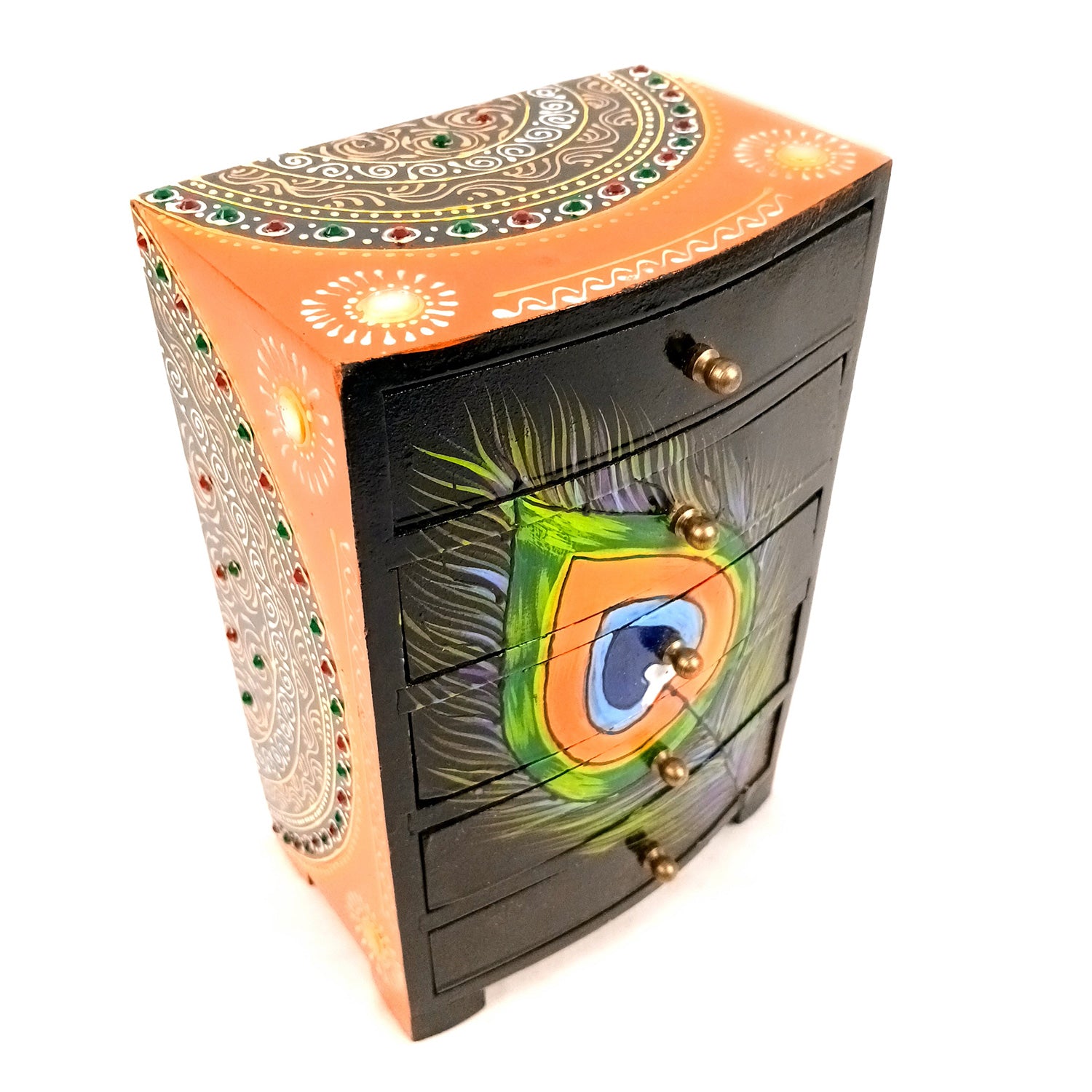 Jewellery Box | Wooden Jewelry Box With 5 Drawers - Hand Painted With Beautiful Detailing Work - For Home, Table, Organizing Earring, Rings, Necklace & Gifts - 9 Inch - apkamart