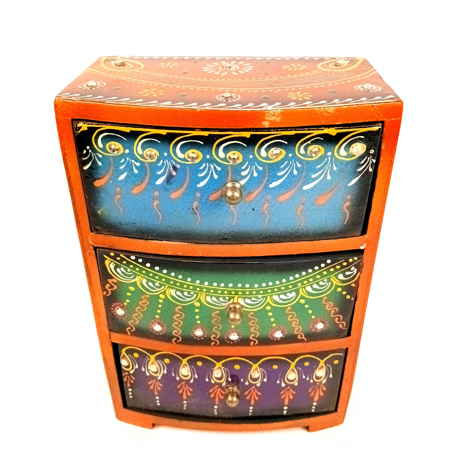 Jewellery Box With 3 Drawers | Wooden Jewelry Box - Beautiful Hand Painting With Kundan Beads Work - For Home, Table, Organizing Earring, Rings, Necklace & Gifts - apkamart #Style_design 1