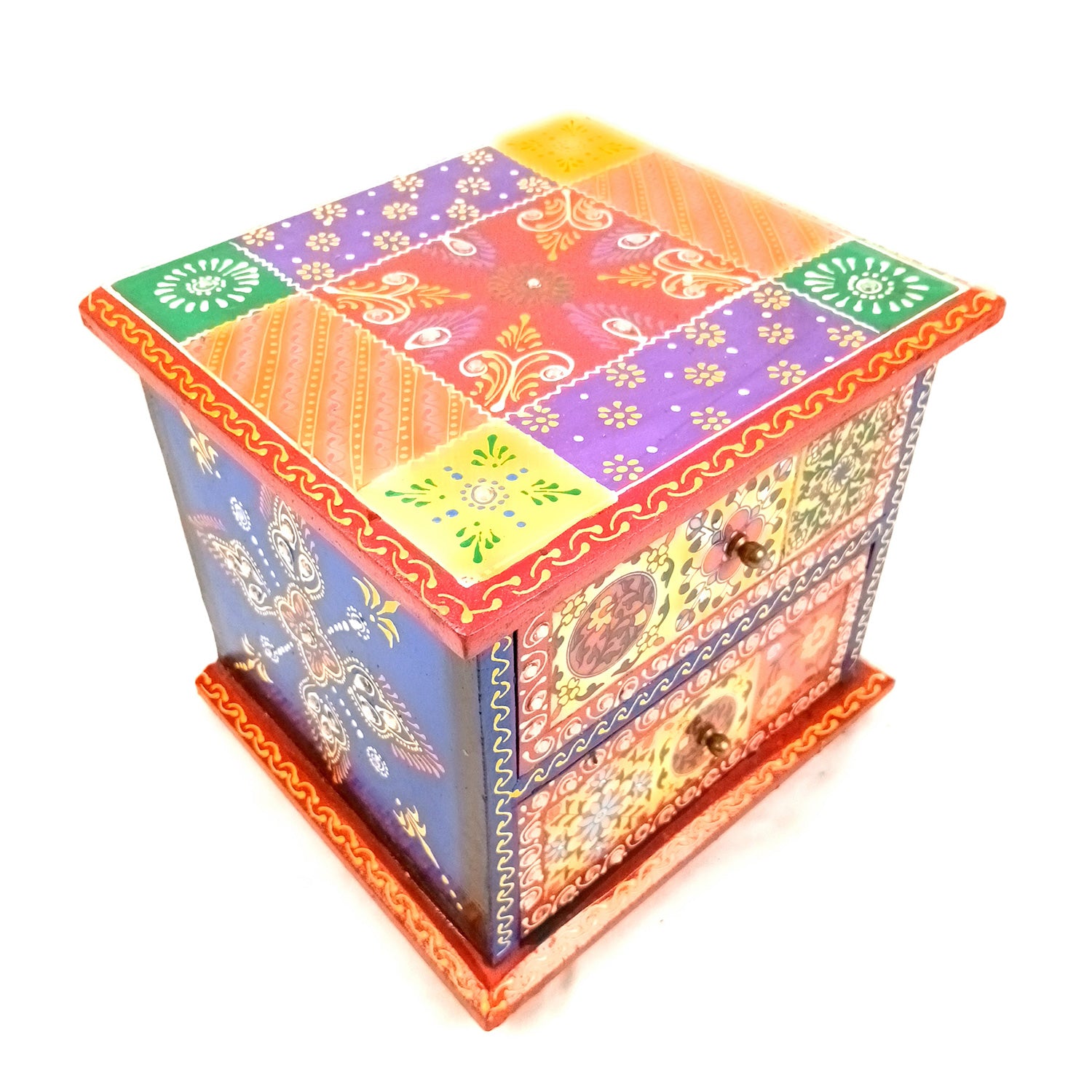 Jewellery Box | Wooden Jewelry Box With 2 Drawers - Ceramic Tiles & Extensive Kundan Detailing Work - For Home, Table, Organizing Earring, Rings, Necklace & Gifts - 9 Inch - Apkamart