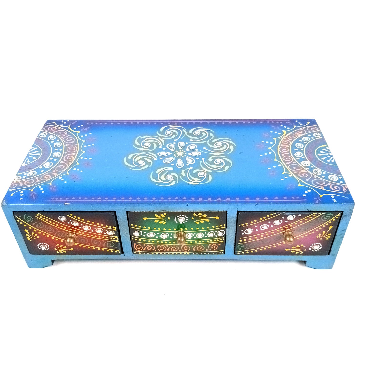 Jewellery Box | Wooden Jewelry Box With 3 Drawers - Beautiful Hand Painting With Kundan Beads Work - For Home, Table, Organizing Earring, Rings, Necklace & Gifts - apkamart