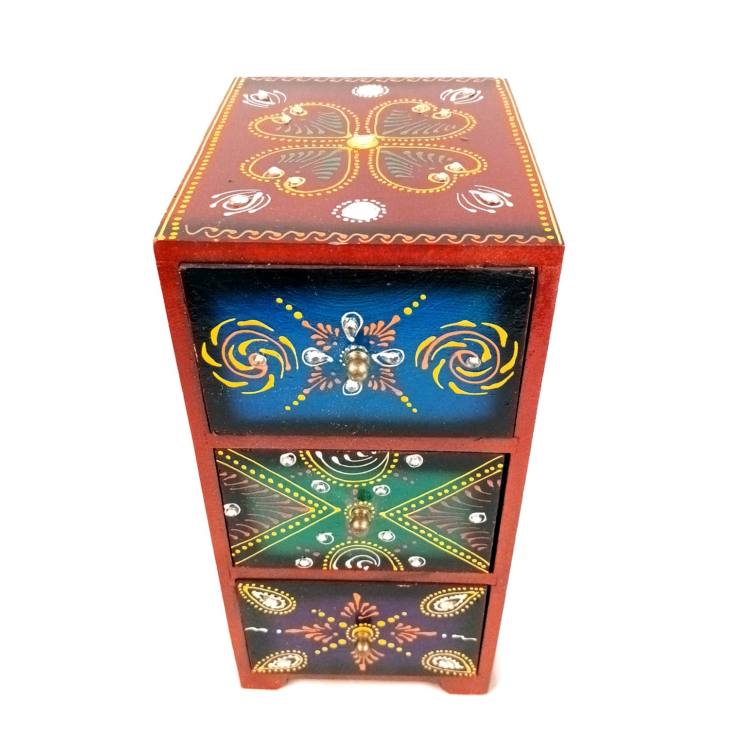 Jewellery Box With 3 Drawers | Wooden Jewelry Box - Beautiful Hand Painting With Kundan Beads Work - For Home, Table, Organizing Earring, Rings, Necklace & Gifts - apkamart #Style_design 2