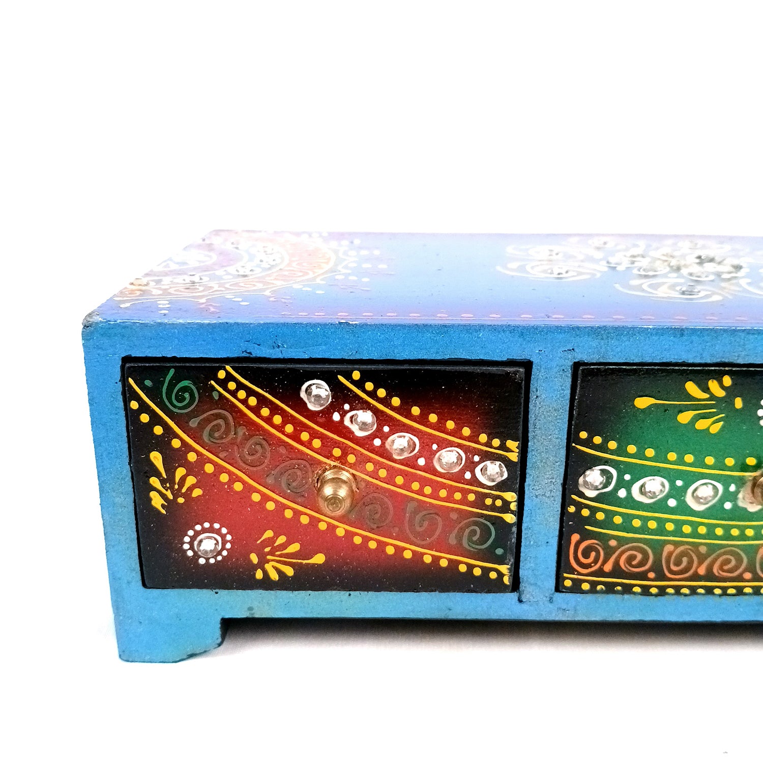 Jewellery Box | Wooden Jewelry Box With 3 Drawers - Beautiful Hand Painting With Kundan Beads Work - For Home, Table, Organizing Earring, Rings, Necklace & Gifts - apkamart