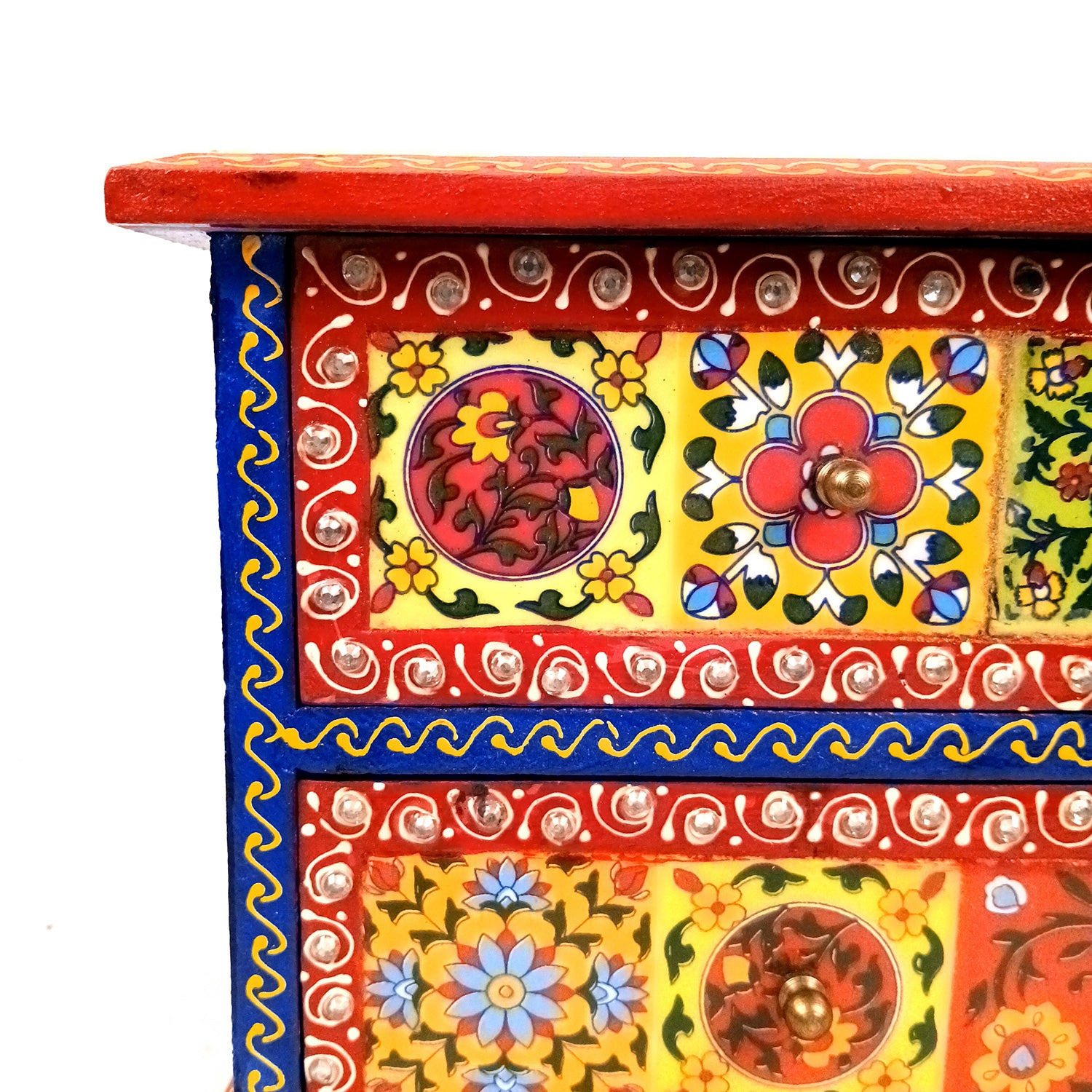 Jewellery Box | Wooden Jewelry Box With 2 Drawers - Ceramic Tiles & Extensive Kundan Detailing Work - For Home, Table, Organizing Earring, Rings, Necklace & Gifts - 9 Inch - Apkamart