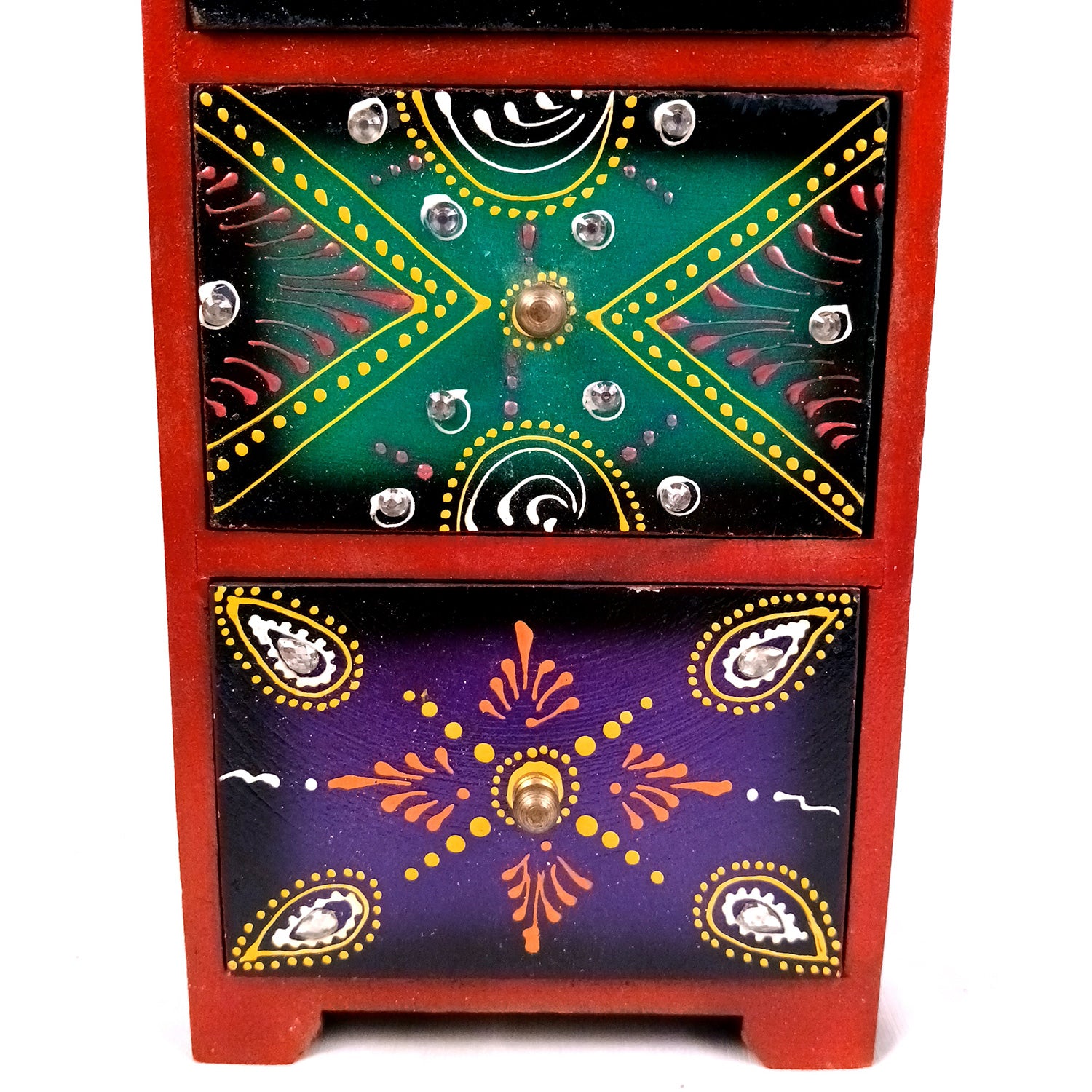 Jewellery Box With 3 Drawers | Wooden Jewelry Box - Beautiful Hand Painting With Kundan Beads Work - For Home, Table, Organizing Earring, Rings, Necklace & Gifts - apkamart #Style_design 2