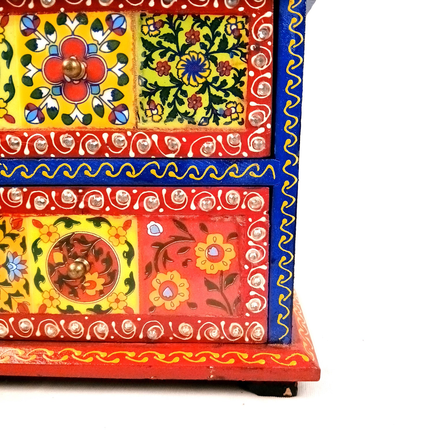 Jewellery Box | Wooden Jewelry Box With 2 Drawers - Ceramic Tiles & Extensive Kundan Detailing Work - For Home, Table, Organizing Earring, Rings, Necklace & Gifts - 9 Inch - Apkamart