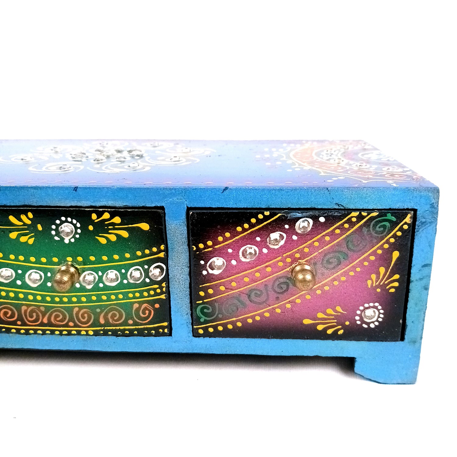 Jewellery Box | Wooden Jewelry Box With 3 Drawers - Beautiful Hand Painting With Kundan Beads Work - For Home, Table, Organizing Earring, Rings, Necklace & Gifts - apkamart