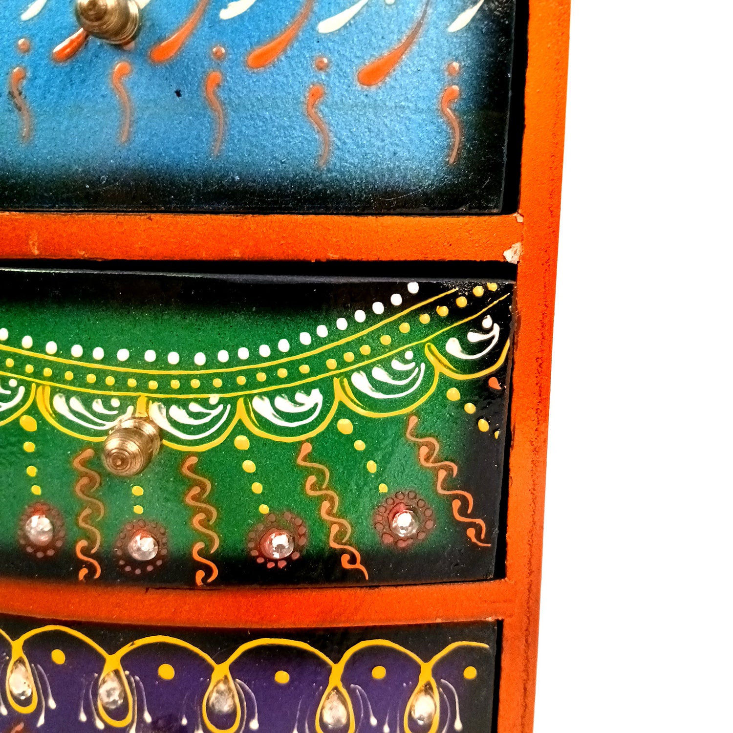 Jewellery Box With 3 Drawers | Wooden Jewelry Box - Beautiful Hand Painting With Kundan Beads Work - For Home, Table, Organizing Earring, Rings, Necklace & Gifts - apkamart #Style_design 1