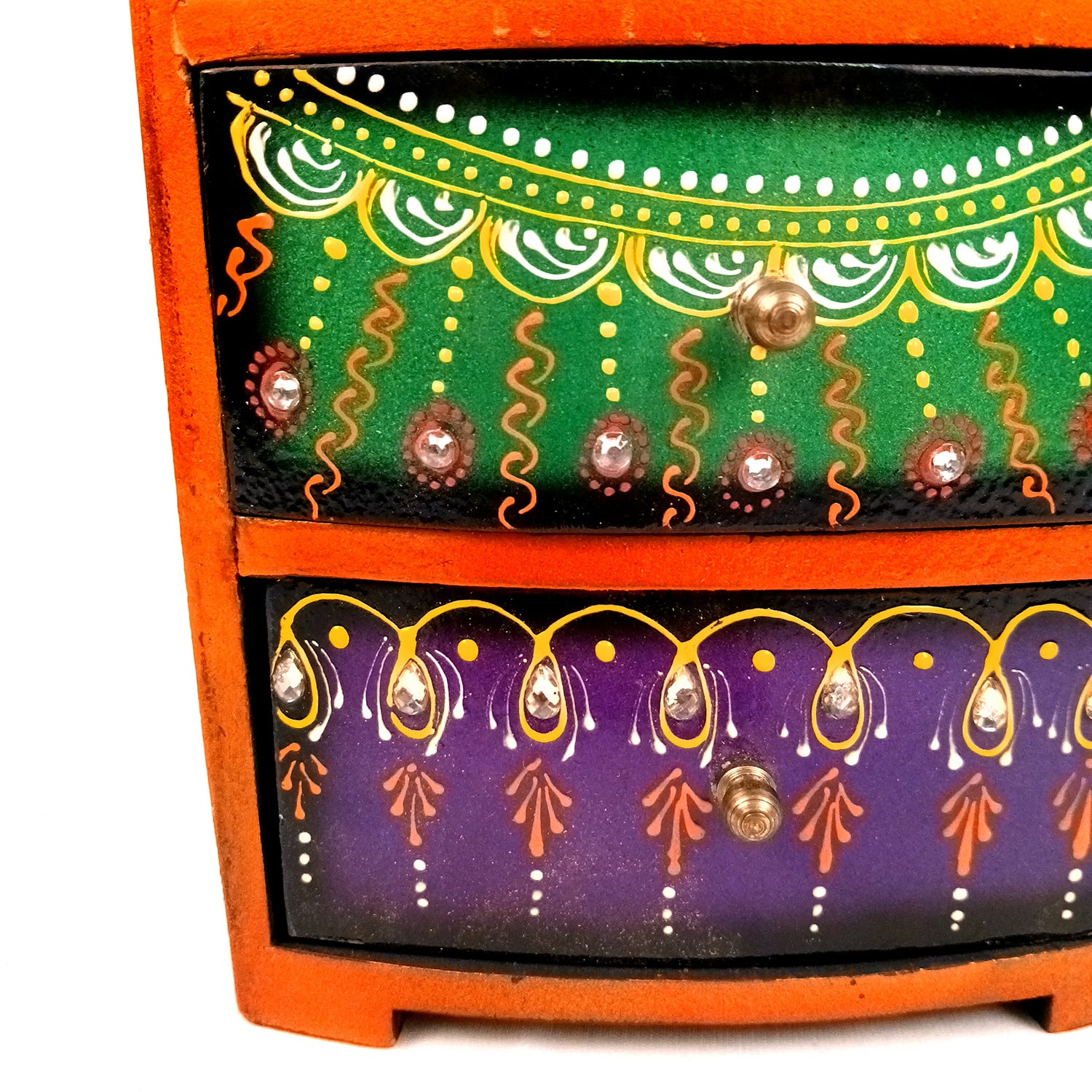 Jewellery Box With 3 Drawers | Wooden Jewelry Box - Beautiful Hand Painting With Kundan Beads Work - For Home, Table, Organizing Earring, Rings, Necklace & Gifts - apkamart #Style_design 1