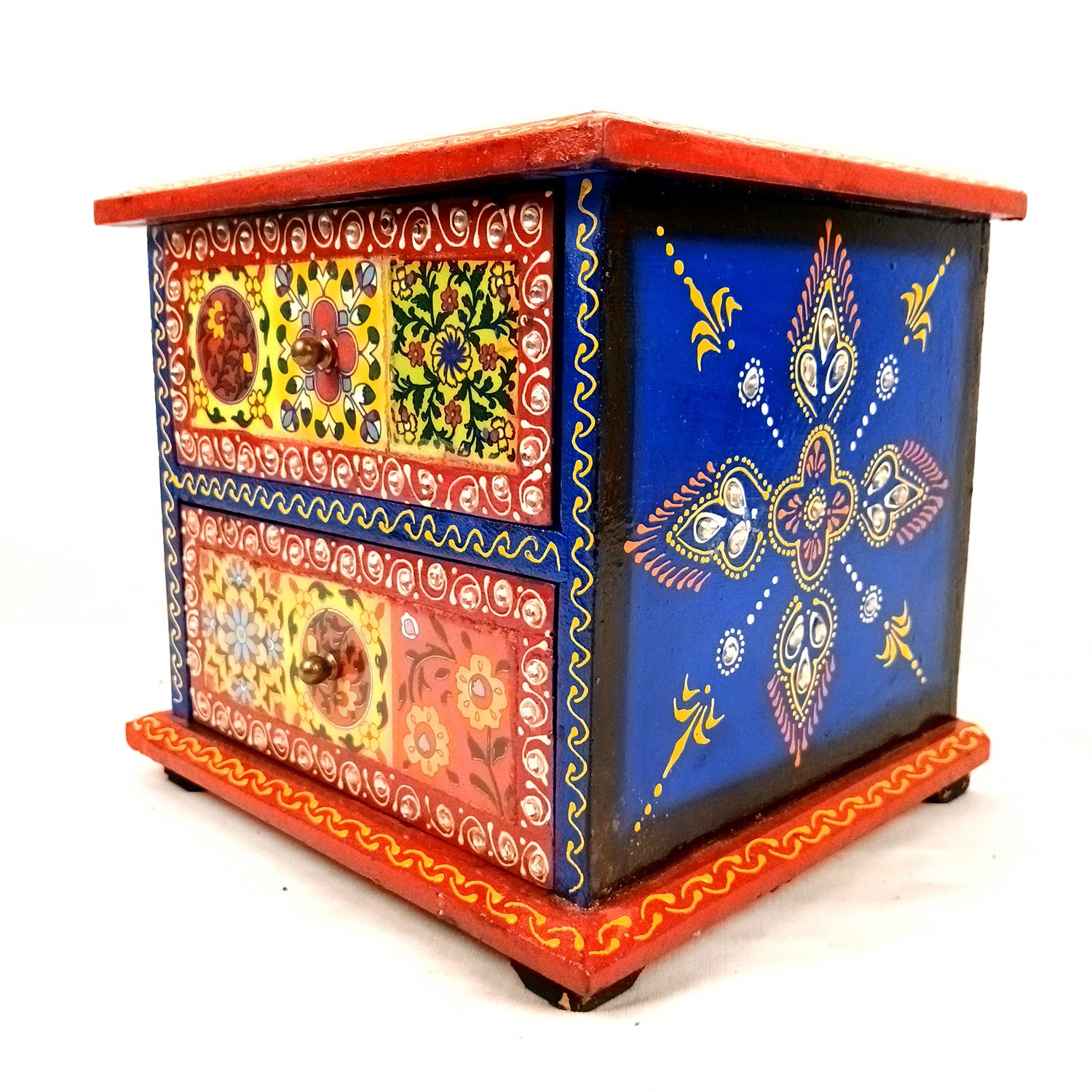 Jewellery Box | Wooden Jewelry Box With 2 Drawers - Ceramic Tiles & Extensive Kundan Detailing Work - For Home, Table, Organizing Earring, Rings, Necklace & Gifts - 9 Inch - Apkamart