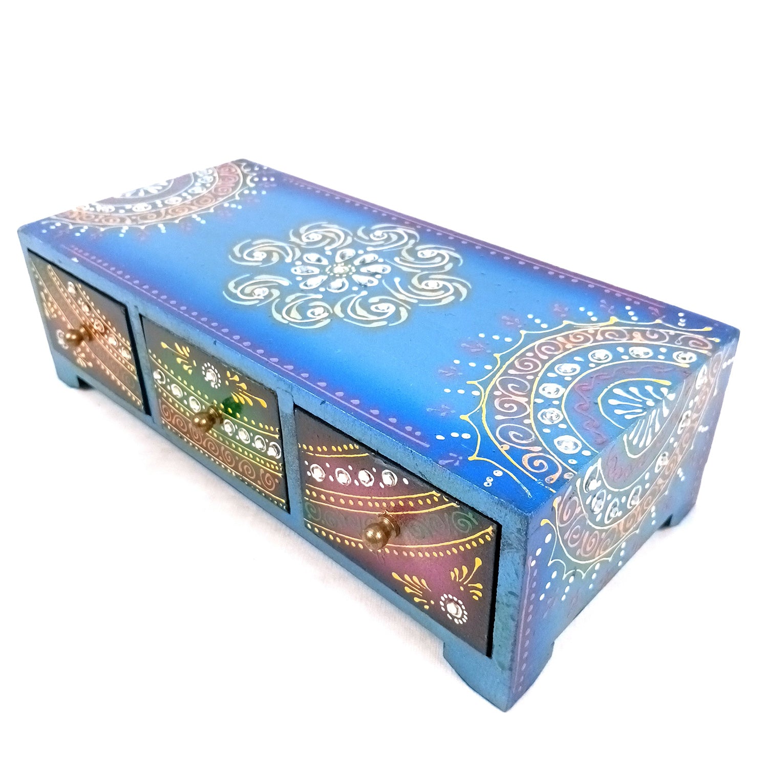 Jewellery Box | Wooden Jewelry Box With 3 Drawers - Beautiful Hand Painting With Kundan Beads Work - For Home, Table, Organizing Earring, Rings, Necklace & Gifts - apkamart