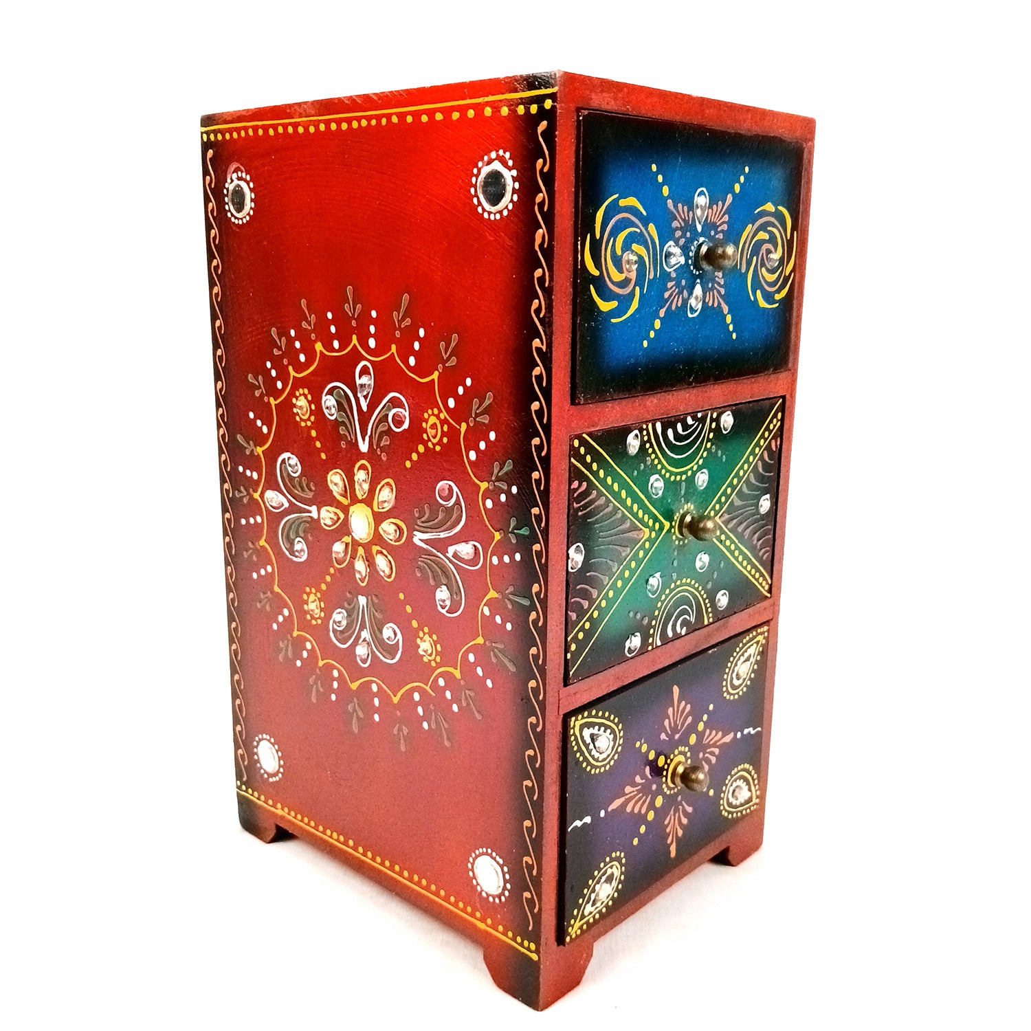 Jewellery Box With 3 Drawers | Wooden Jewelry Box - Beautiful Hand Painting With Kundan Beads Work - For Home, Table, Organizing Earring, Rings, Necklace & Gifts - apkamart #Style_design 2