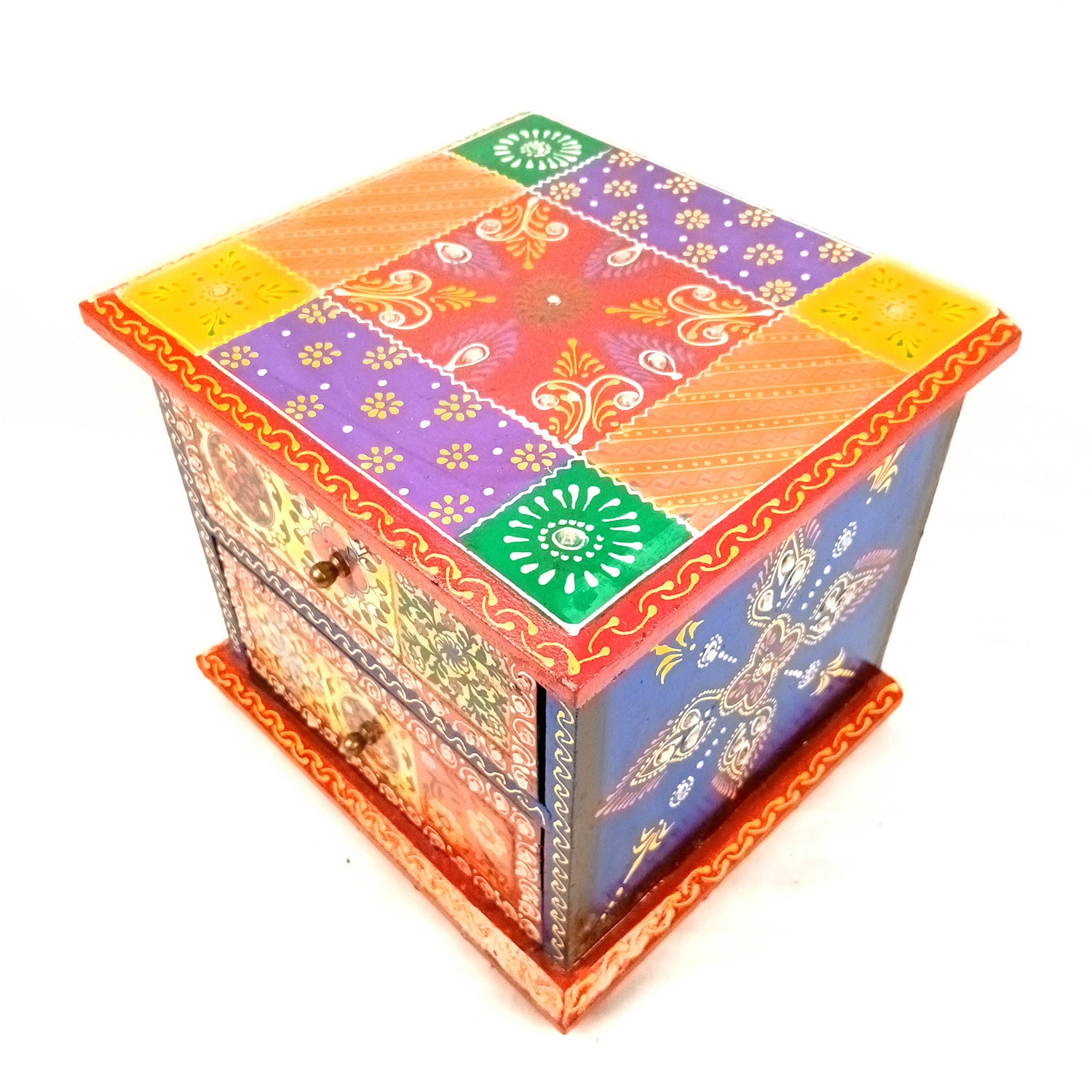 Jewellery Box | Wooden Jewelry Box With 2 Drawers - Ceramic Tiles & Extensive Kundan Detailing Work - For Home, Table, Organizing Earring, Rings, Necklace & Gifts - 9 Inch - Apkamart