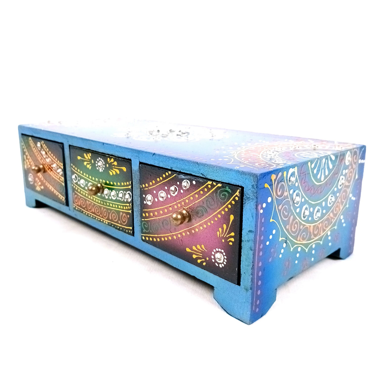 Jewellery Box | Wooden Jewelry Box With 3 Drawers - Beautiful Hand Painting With Kundan Beads Work - For Home, Table, Organizing Earring, Rings, Necklace & Gifts - apkamart