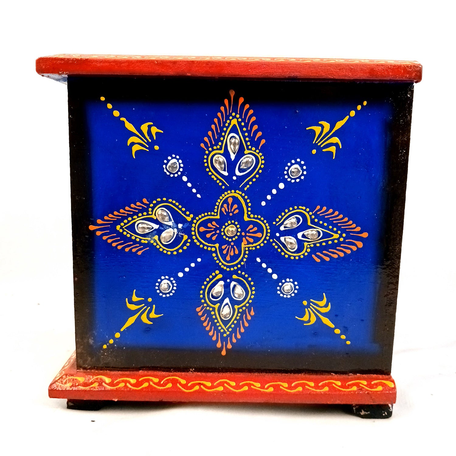 Jewellery Box | Wooden Jewelry Box With 2 Drawers - Ceramic Tiles & Extensive Kundan Detailing Work - For Home, Table, Organizing Earring, Rings, Necklace & Gifts - 9 Inch - Apkamart