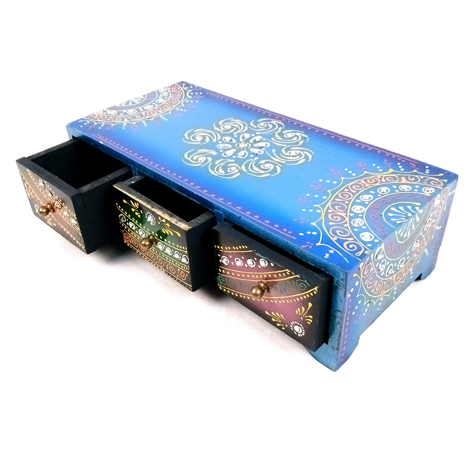 Jewellery Box | Wooden Jewelry Box With 3 Drawers - Beautiful Hand Painting With Kundan Beads Work - For Home, Table, Organizing Earring, Rings, Necklace & Gifts - apkamart