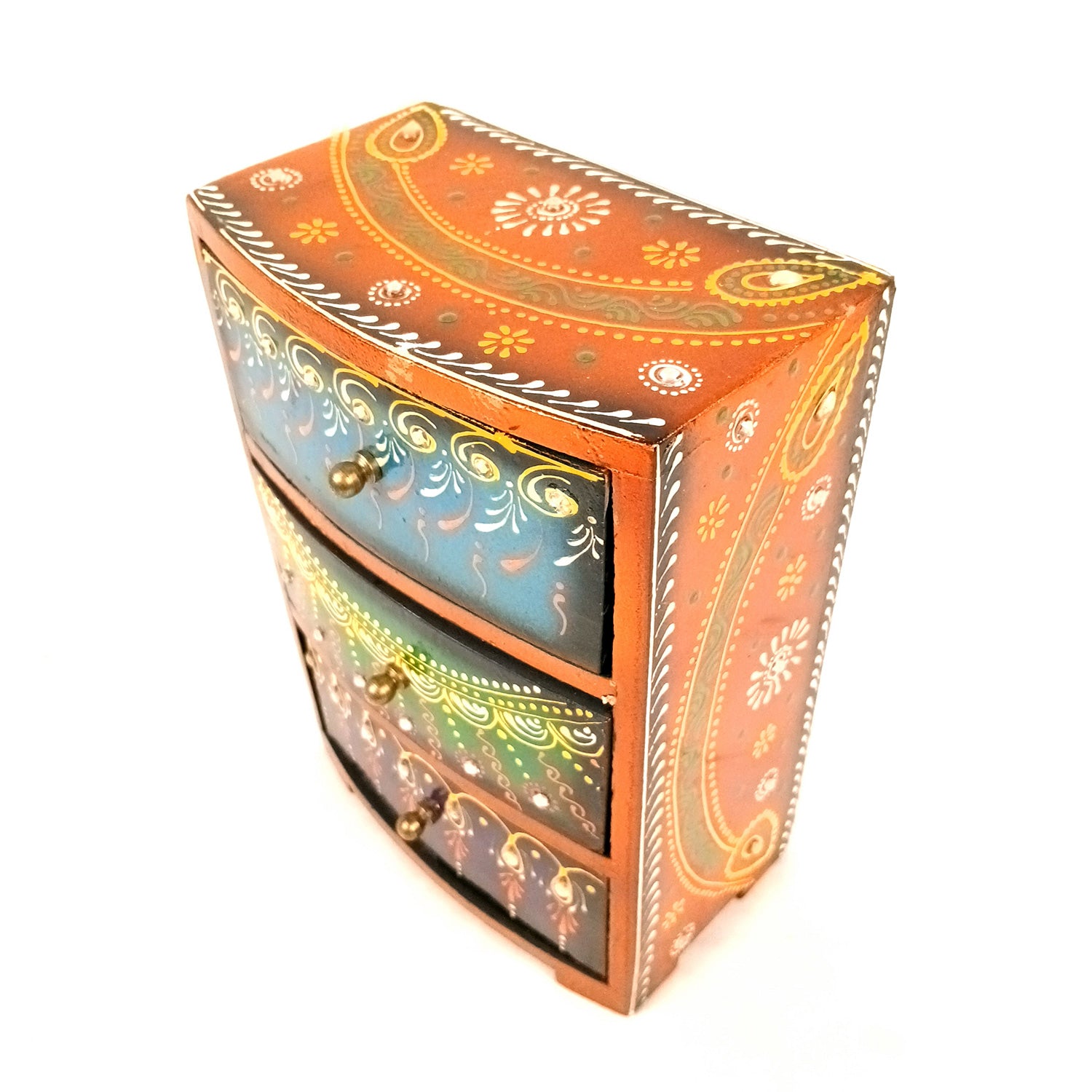 Jewellery Box With 3 Drawers | Wooden Jewelry Box - Beautiful Hand Painting With Kundan Beads Work - For Home, Table, Organizing Earring, Rings, Necklace & Gifts - apkamart #Style_design 1