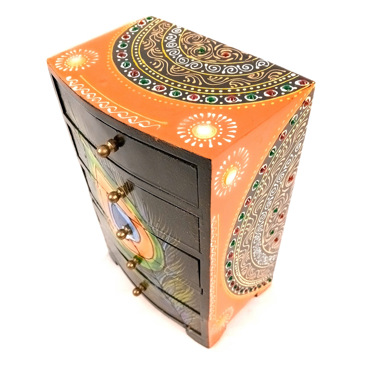 Jewellery Box | Wooden Jewelry Box With 5 Drawers - Hand Painted With Beautiful Detailing Work - For Home, Table, Organizing Earring, Rings, Necklace & Gifts - 9 Inch - apkamart