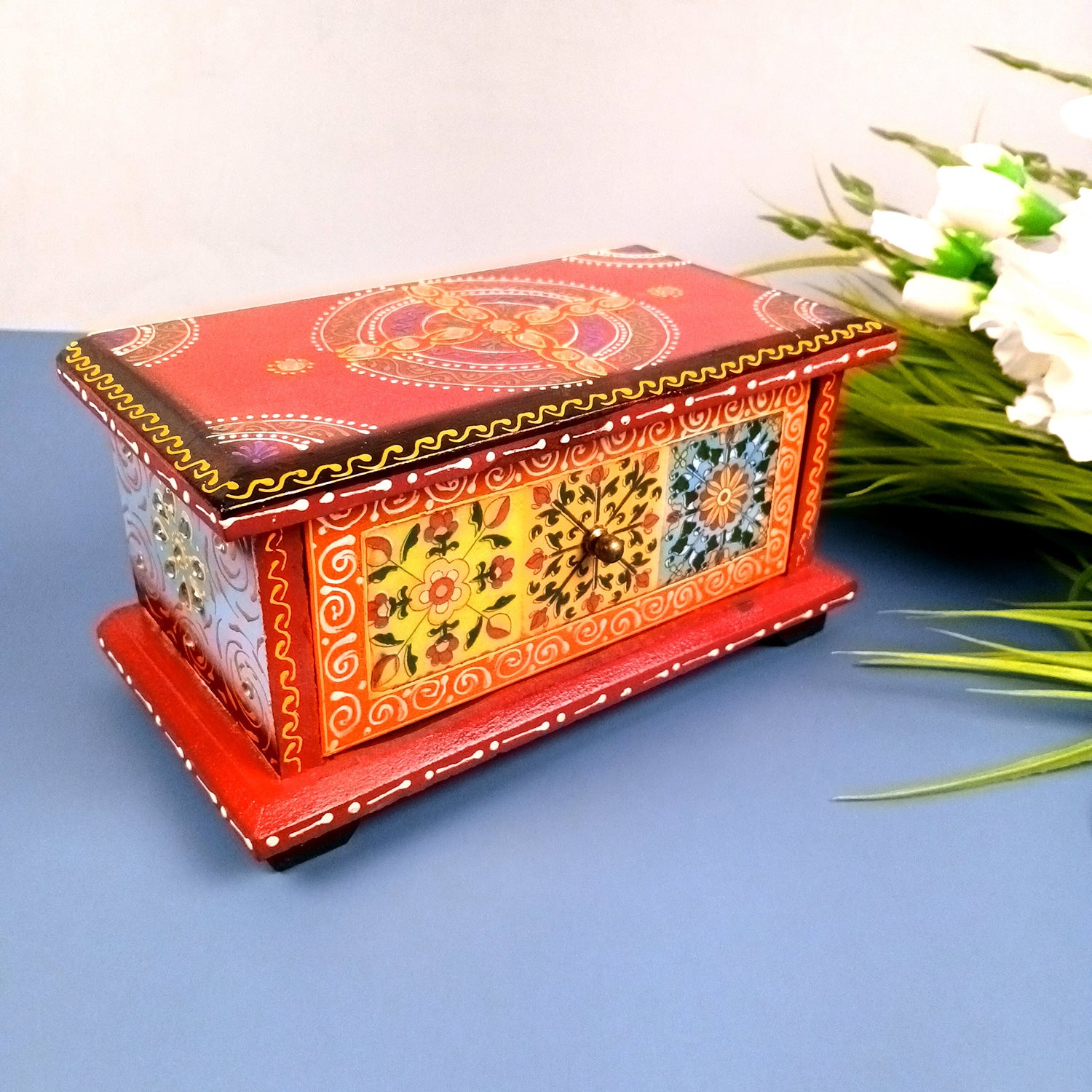 Jewellery Box | Wooden Jewelry Box With Ceramic Tiles | Decorative Multi-Purpose Storage Box - For Earring, Necklace & Gifts - 8 Inch (Wood, Multicolor)