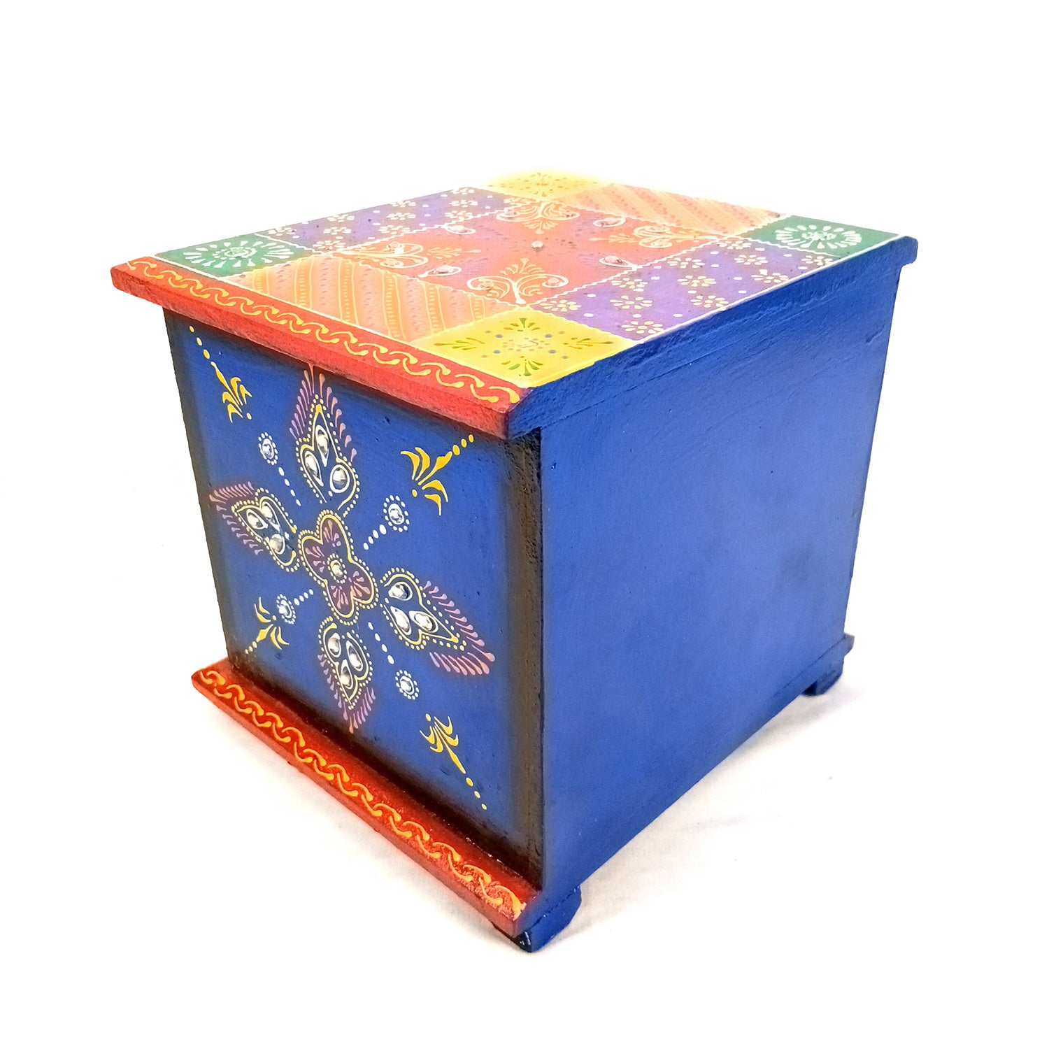 Jewellery Box | Wooden Jewelry Box With 2 Drawers - Ceramic Tiles & Extensive Kundan Detailing Work - For Home, Table, Organizing Earring, Rings, Necklace & Gifts - 9 Inch - Apkamart