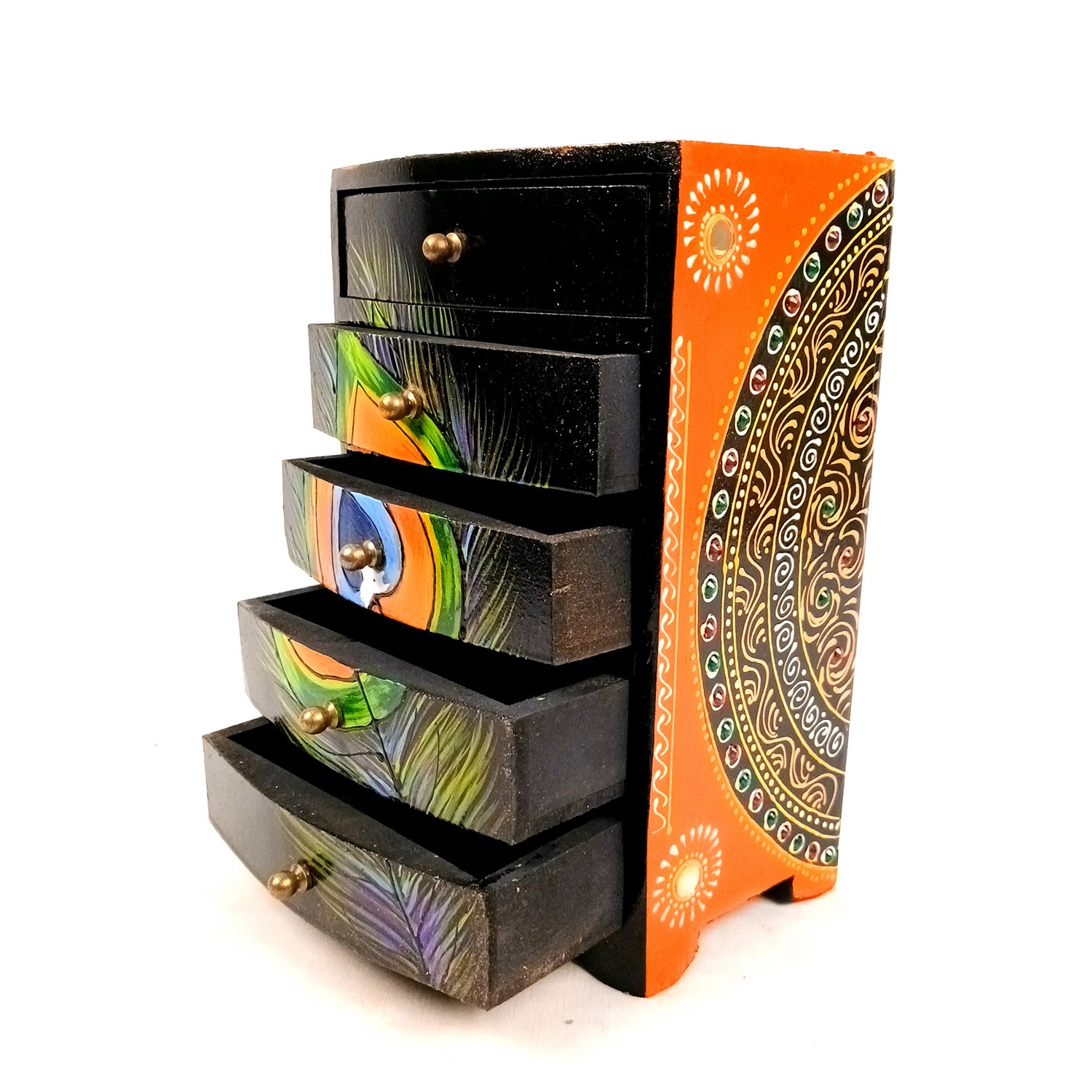 Jewellery Box | Wooden Jewelry Box With 5 Drawers - Hand Painted With Beautiful Detailing Work - For Home, Table, Organizing Earring, Rings, Necklace & Gifts - 9 Inch - apkamart