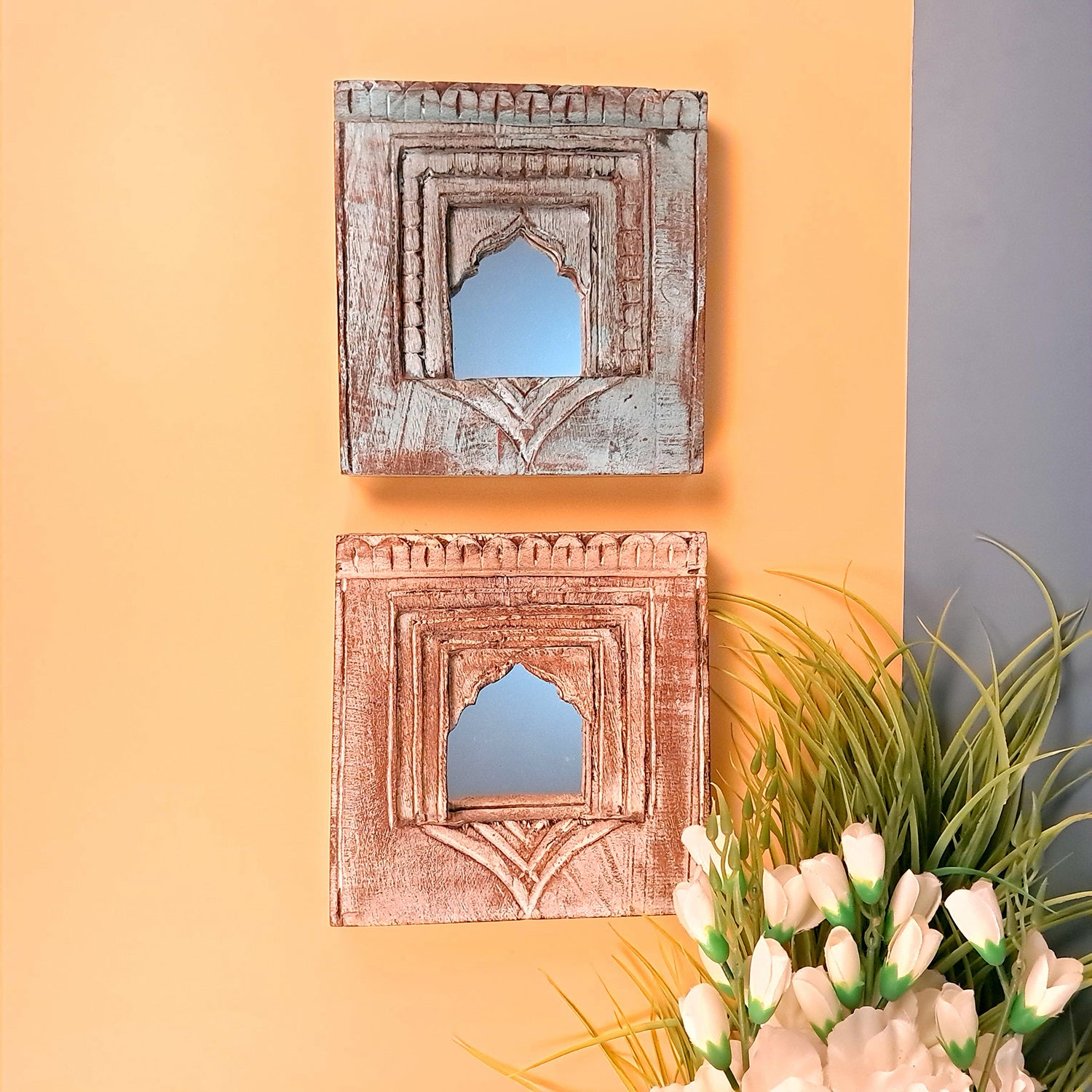 Wooden Jharokha Frame With Mirror Wall Hanging | Antique Finished Handcrafted Rustic Mirror Jharokha - Home, Wall Decor, Living room, Entrance Decoration & Gifts - 8 Inch - Apkamart #Style_Design 2