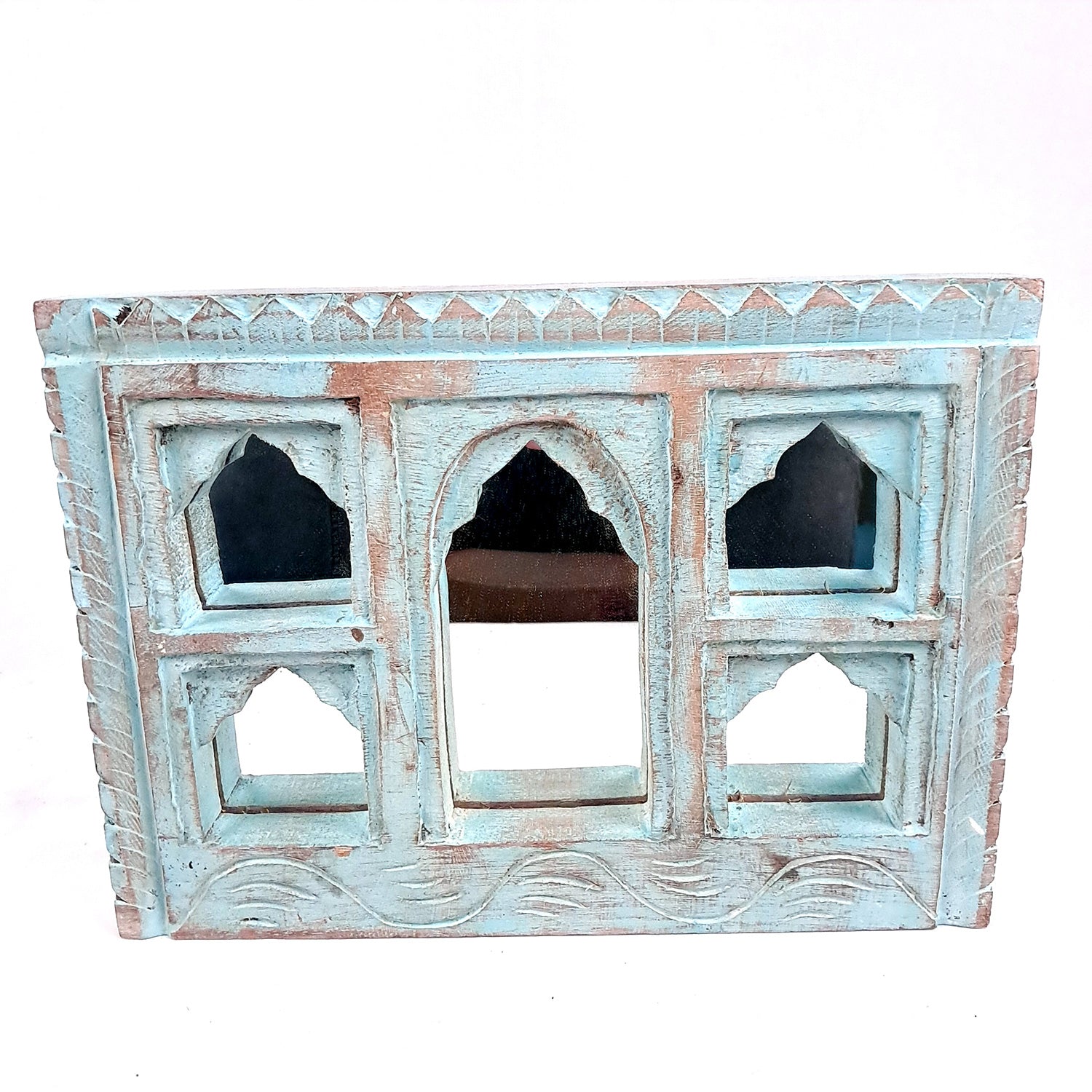 Wooden Jharokha Frame With Mirror Wall Hanging | Antique Finished Handcrafted Replaceable Mirror Jharokha - Home, Wall Decor, Living room, Entrance Decoration & Gifts - Apkamart #Color_Blue