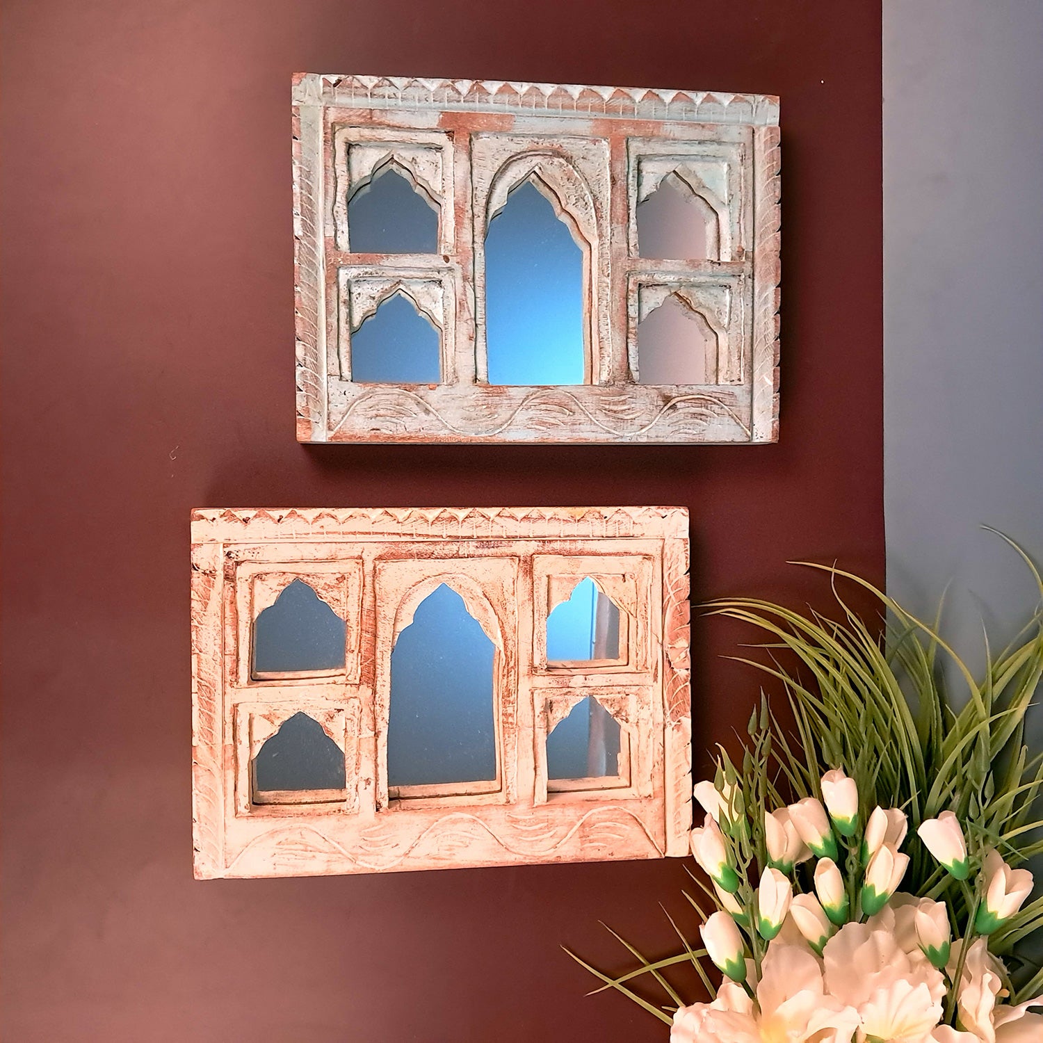 Wooden Jharokha Frame With Mirror Wall Hanging | Antique Finished Handcrafted Rustic Mirror Jharokha - Home, Wall Decor, Living room, Entrance Decoration & Gifts - 12 Inch (Pack Of 2)