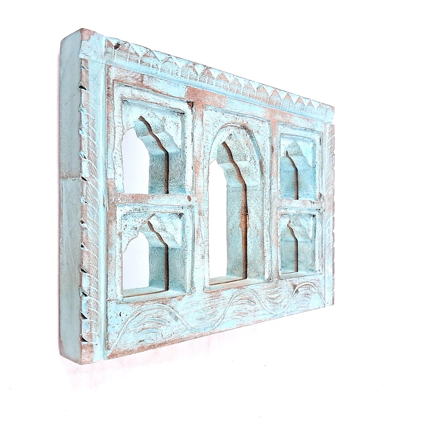 Wooden Jharokha Frame With Mirror Wall Hanging | Antique Finished Handcrafted Rustic Mirror Jharokha - Home, Wall Decor, Living room, Entrance Decoration & Gifts - 12 Inch (Pack Of 2)