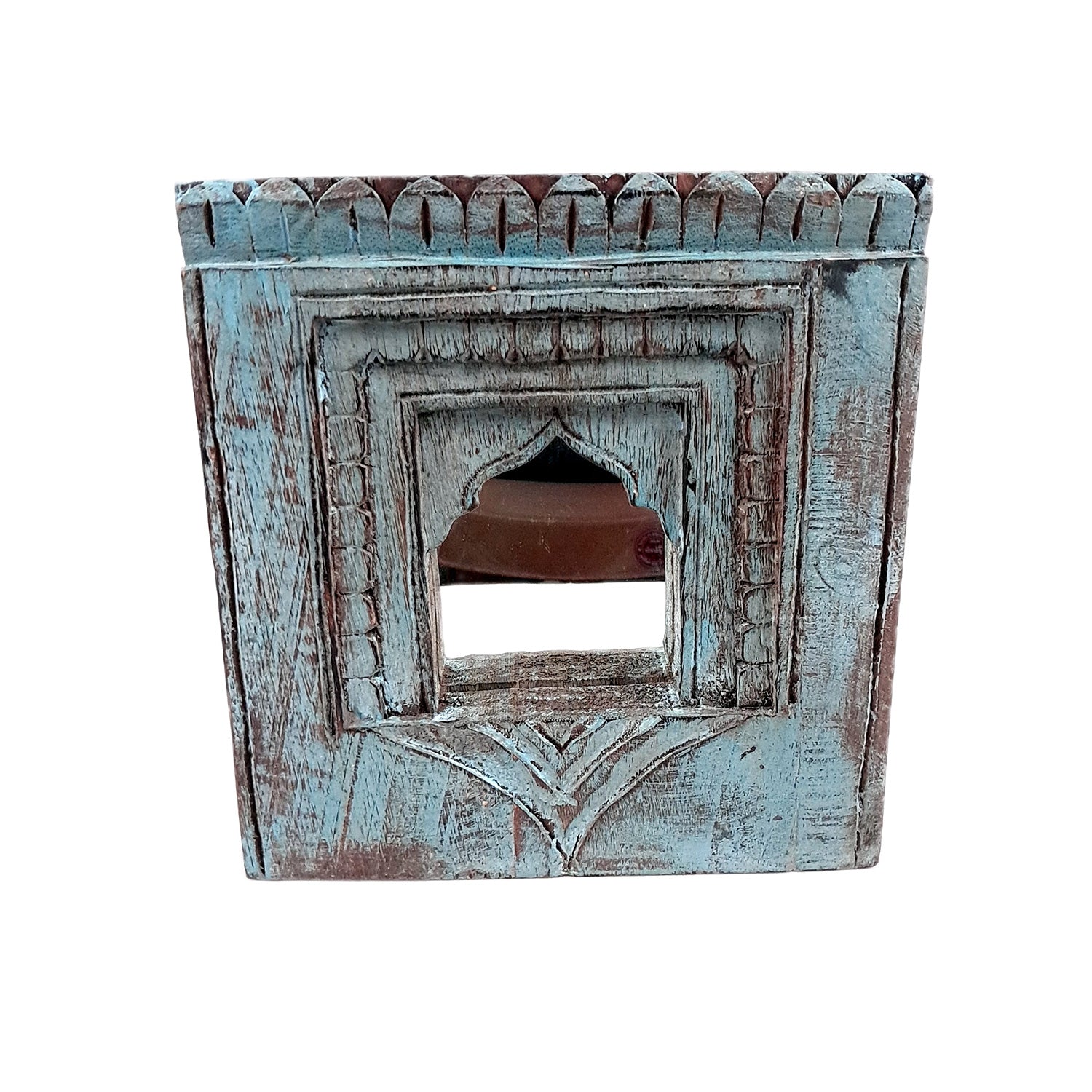 Wooden Jharokha Frame With Mirror Wall Hanging | Antique Finished Handcrafted Rustic Mirror Jharokha - Home, Wall Decor, Living room, Entrance Decoration & Gifts - 8 Inch - Apkamart #Color_Blue