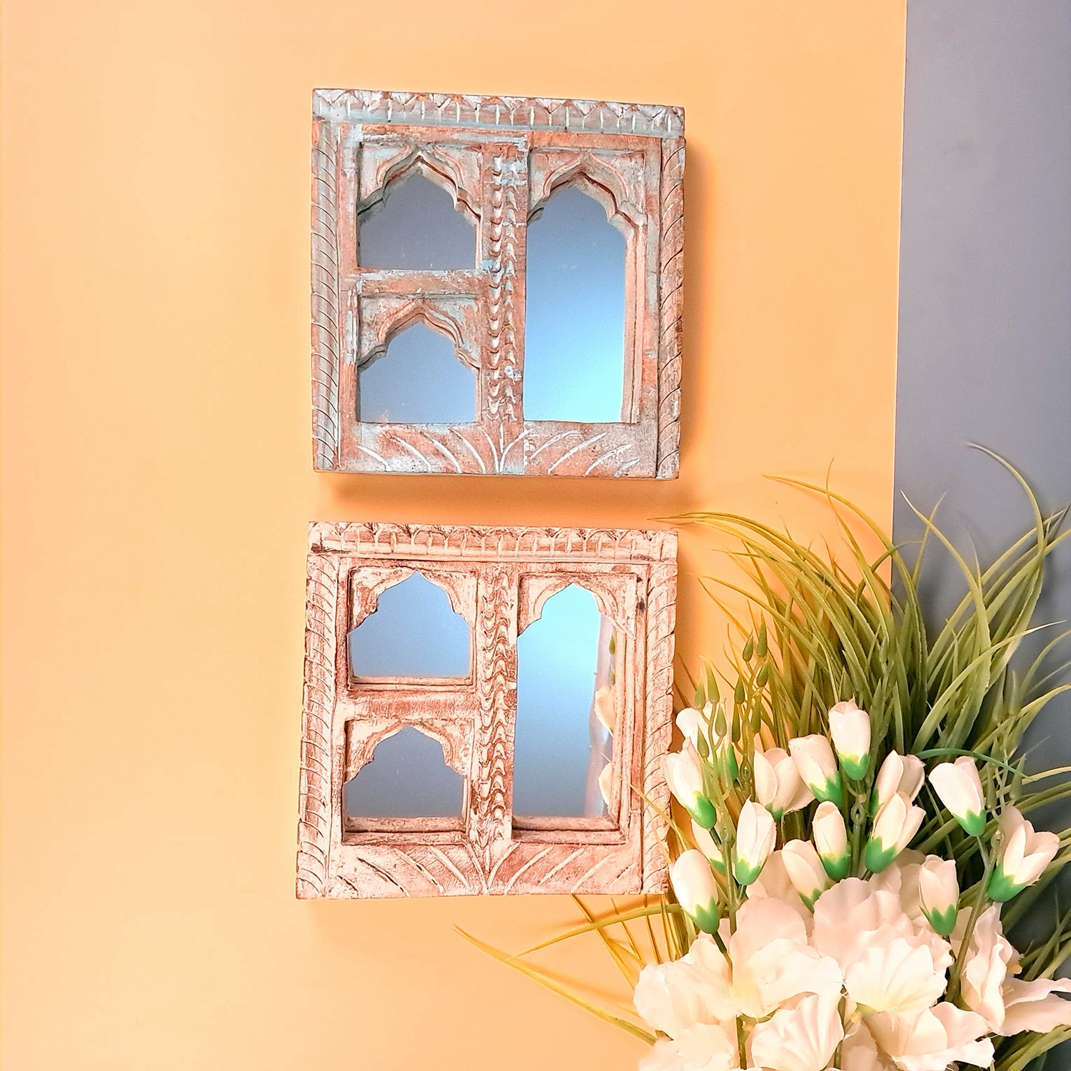 Wooden Jharokha Frame With Mirror Wall Hanging | Antique Finished Handcrafted Rustic Mirror Jharokha - Home, Wall Decor, Living room, Entrance Decoration & Gifts - 8 Inch - Apkamart #Style_Design 1