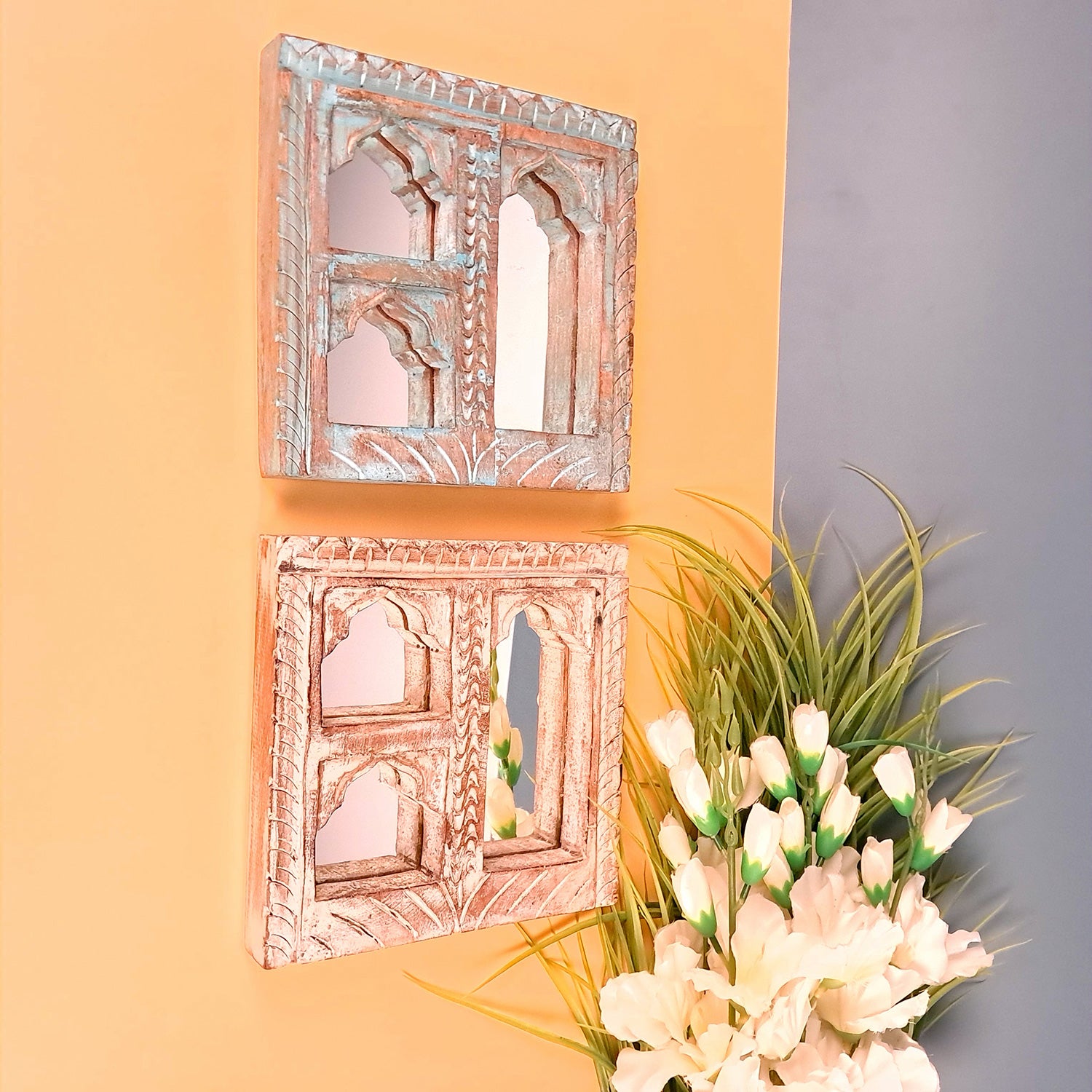 Wooden Jharokha Frame With Mirror Wall Hanging | Antique Finished Handcrafted Rustic Mirror Jharokha - Home, Wall Decor, Living room, Entrance Decoration & Gifts - 8 Inch - Apkamart #Style_Design 1